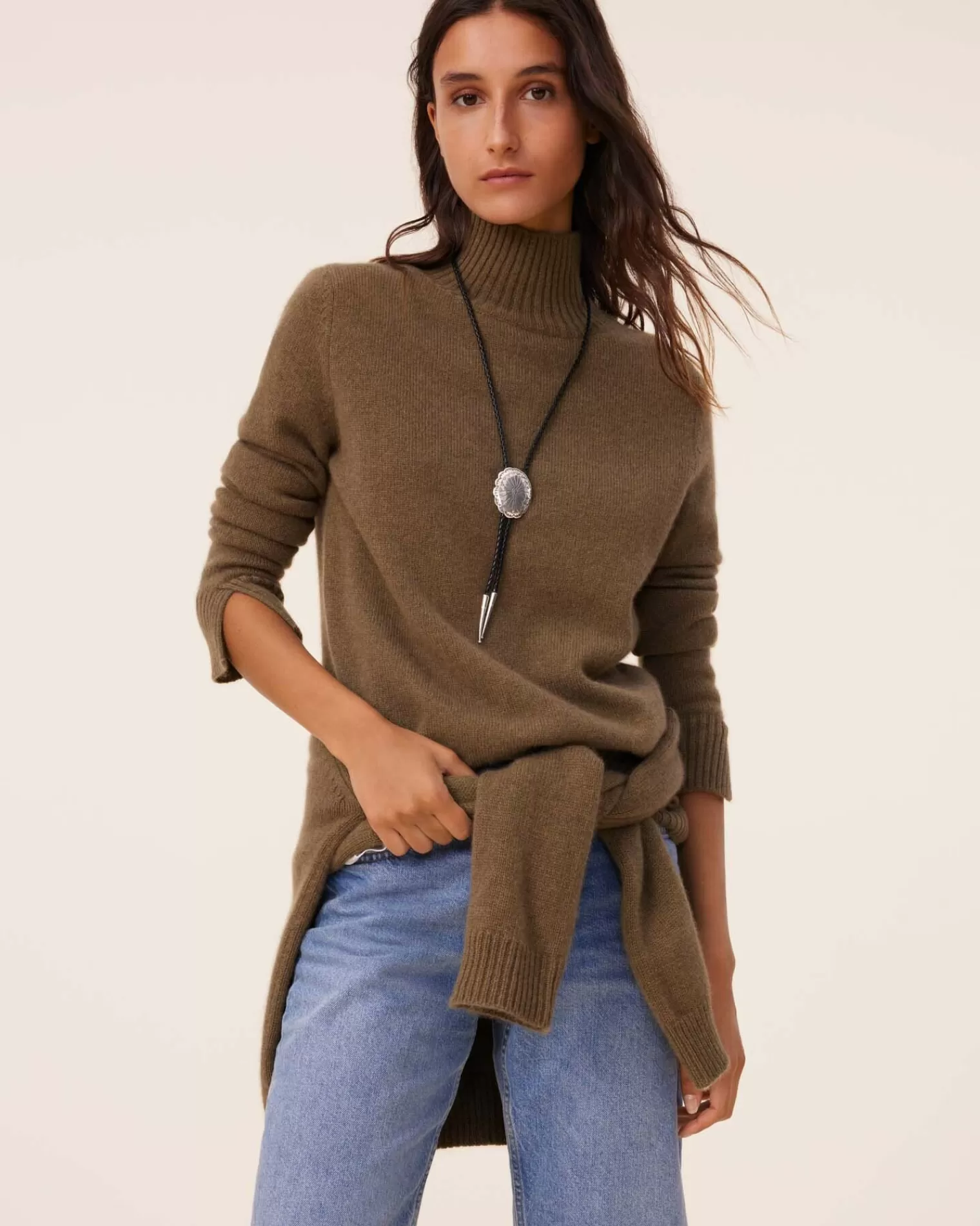 Kujten Sweaters & Sweatshirts>Chimney Neck Cashmere Sweater, 4-Threads Kaki Scout