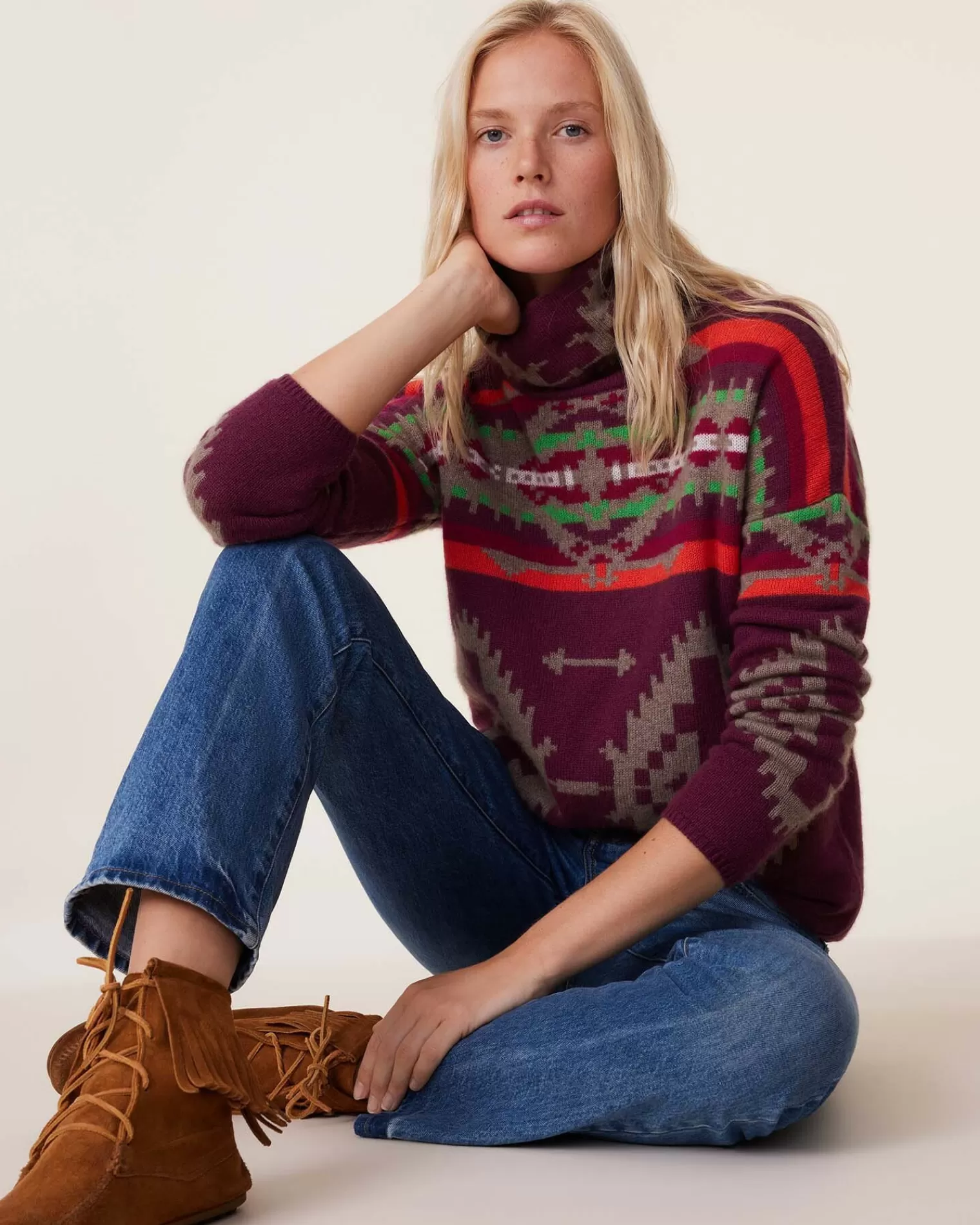 Kujten Sweaters & Sweatshirts>Chimney Neck Cashmere Sweater, 4-Threads Bordeaux