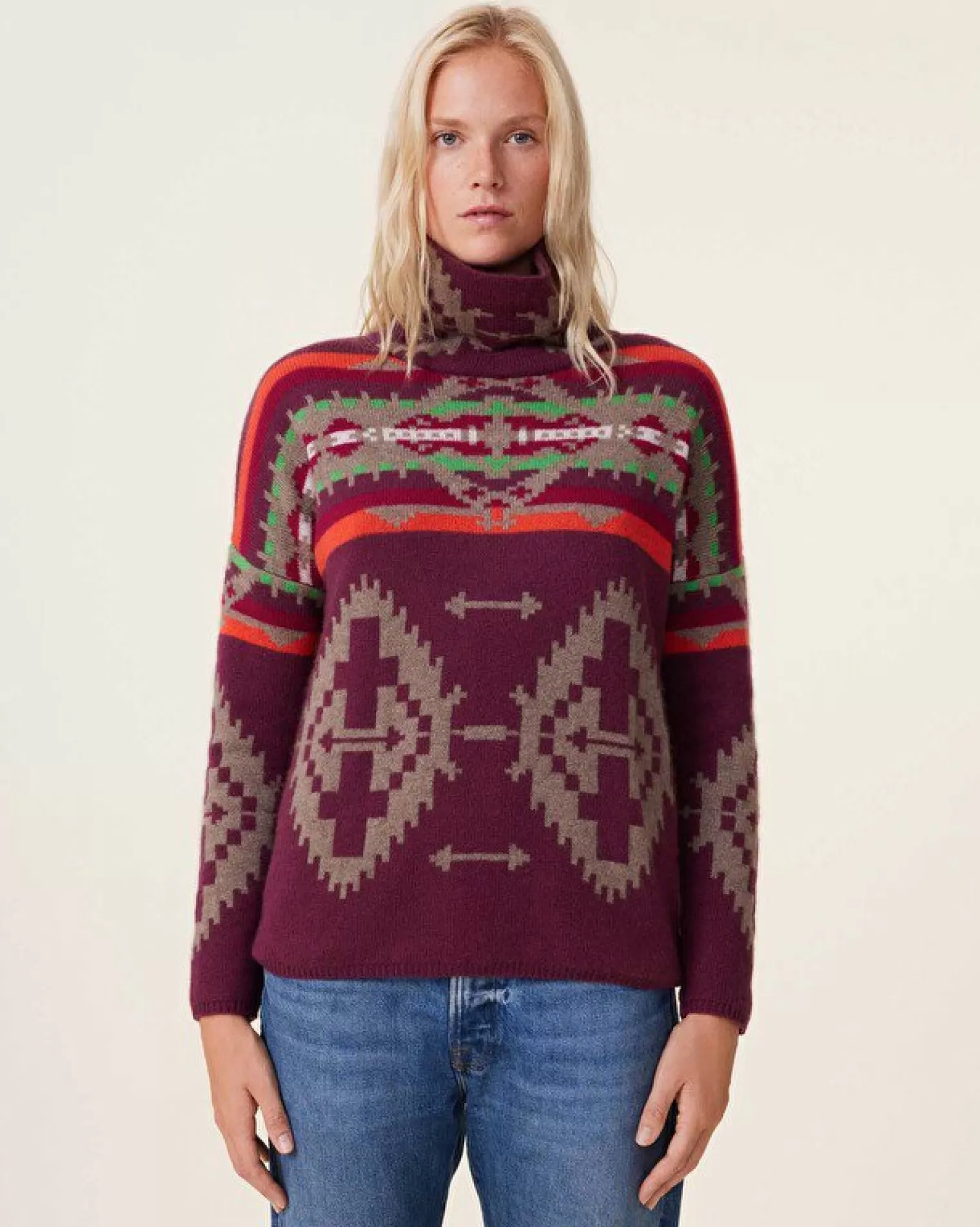 Kujten Sweaters & Sweatshirts>Chimney Neck Cashmere Sweater, 4-Threads Bordeaux