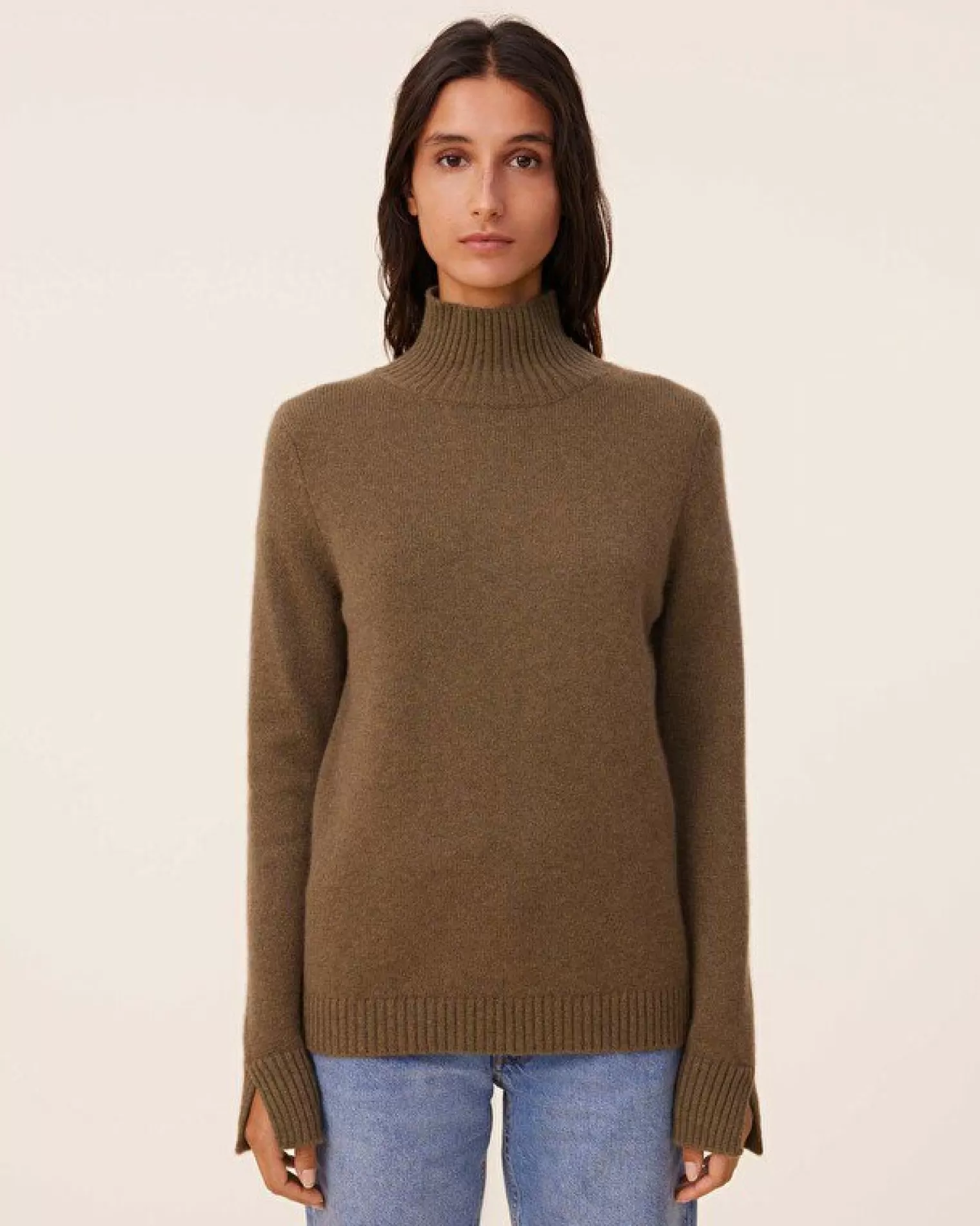 Kujten Sweaters & Sweatshirts>Chimney Neck Cashmere Sweater, 4-Threads Kaki Scout