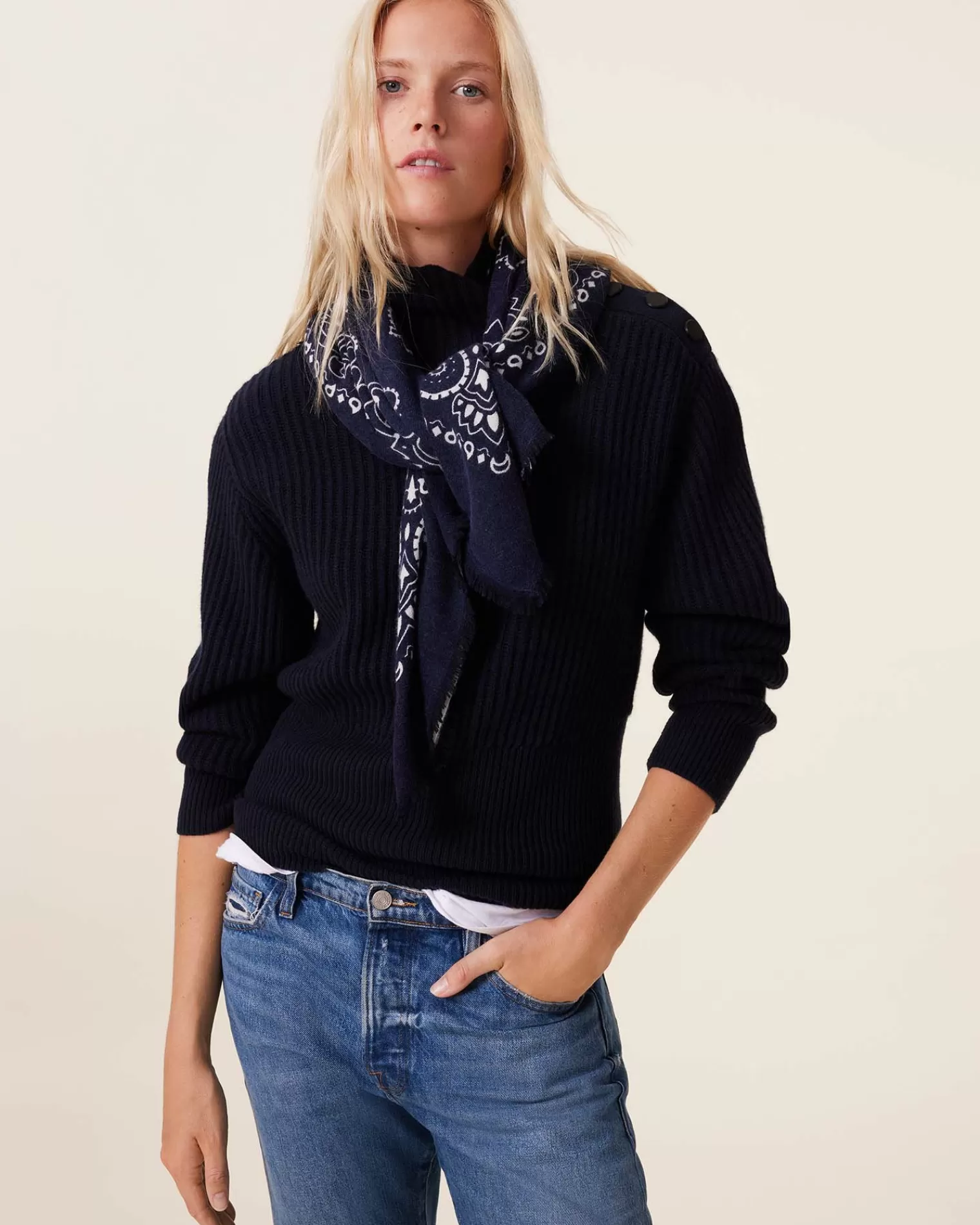 Kujten Sweaters & Sweatshirts>Chimney Neck Cashmere Sweater, 6-Threads Bleu Marine Fonce