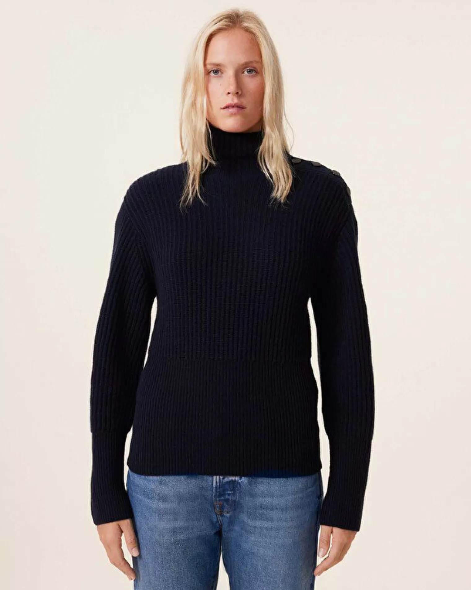 Kujten Sweaters & Sweatshirts>Chimney Neck Cashmere Sweater, 6-Threads Bleu Marine Fonce