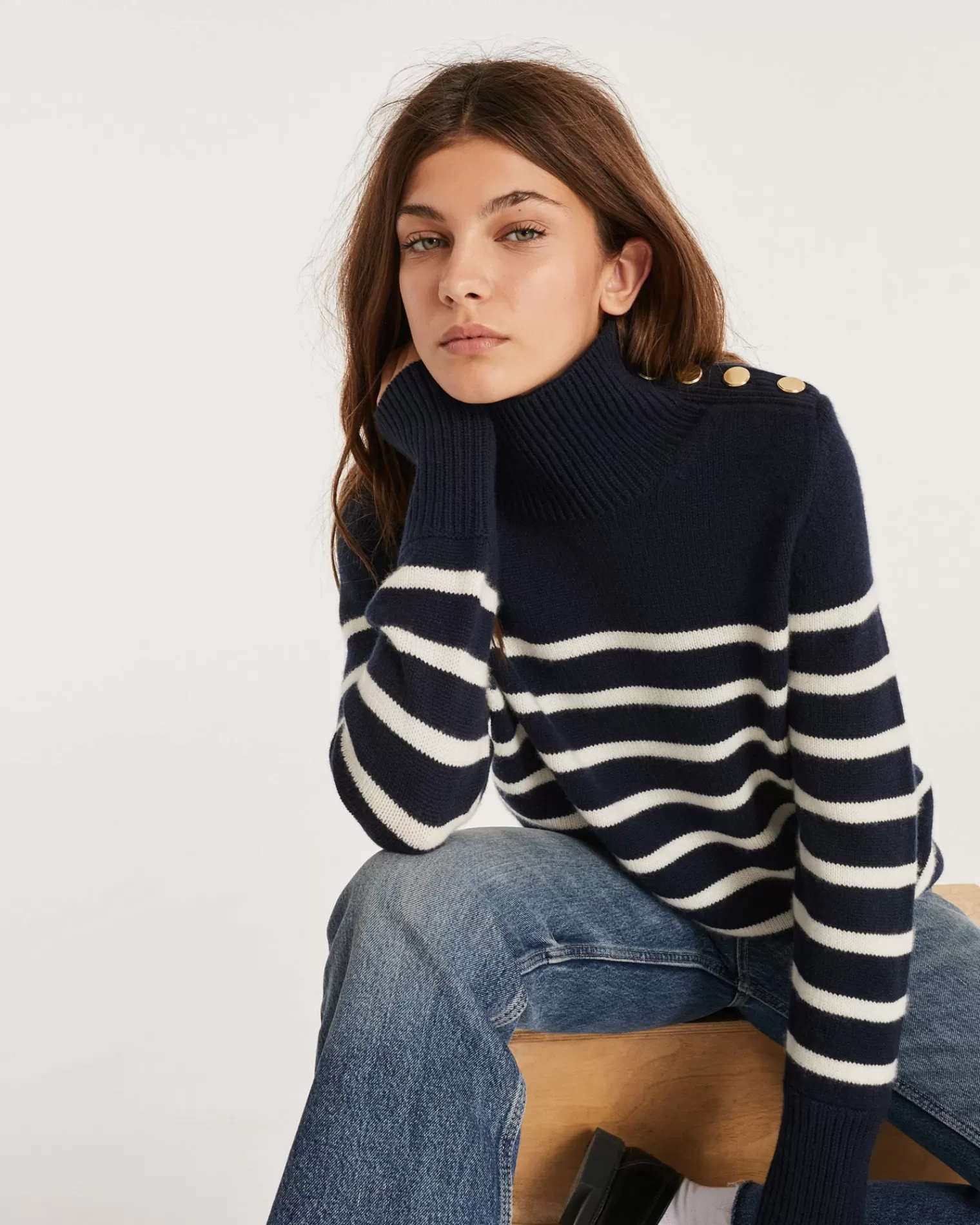 Kujten Sweaters & Sweatshirts>Chimney Neck Mariniere Cashmere Sweater, 6-Threads Bleu Marine Fonce