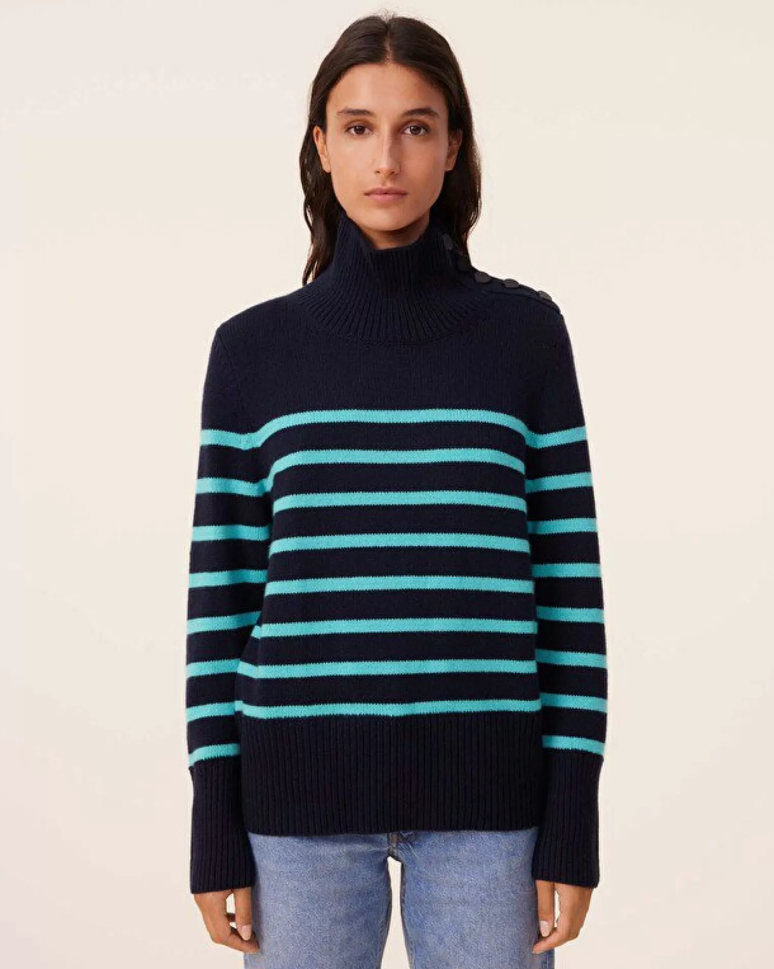 Kujten Sweaters & Sweatshirts>Chimney Neck Mariniere Cashmere Sweater, 6-Threads Marine Turquoise