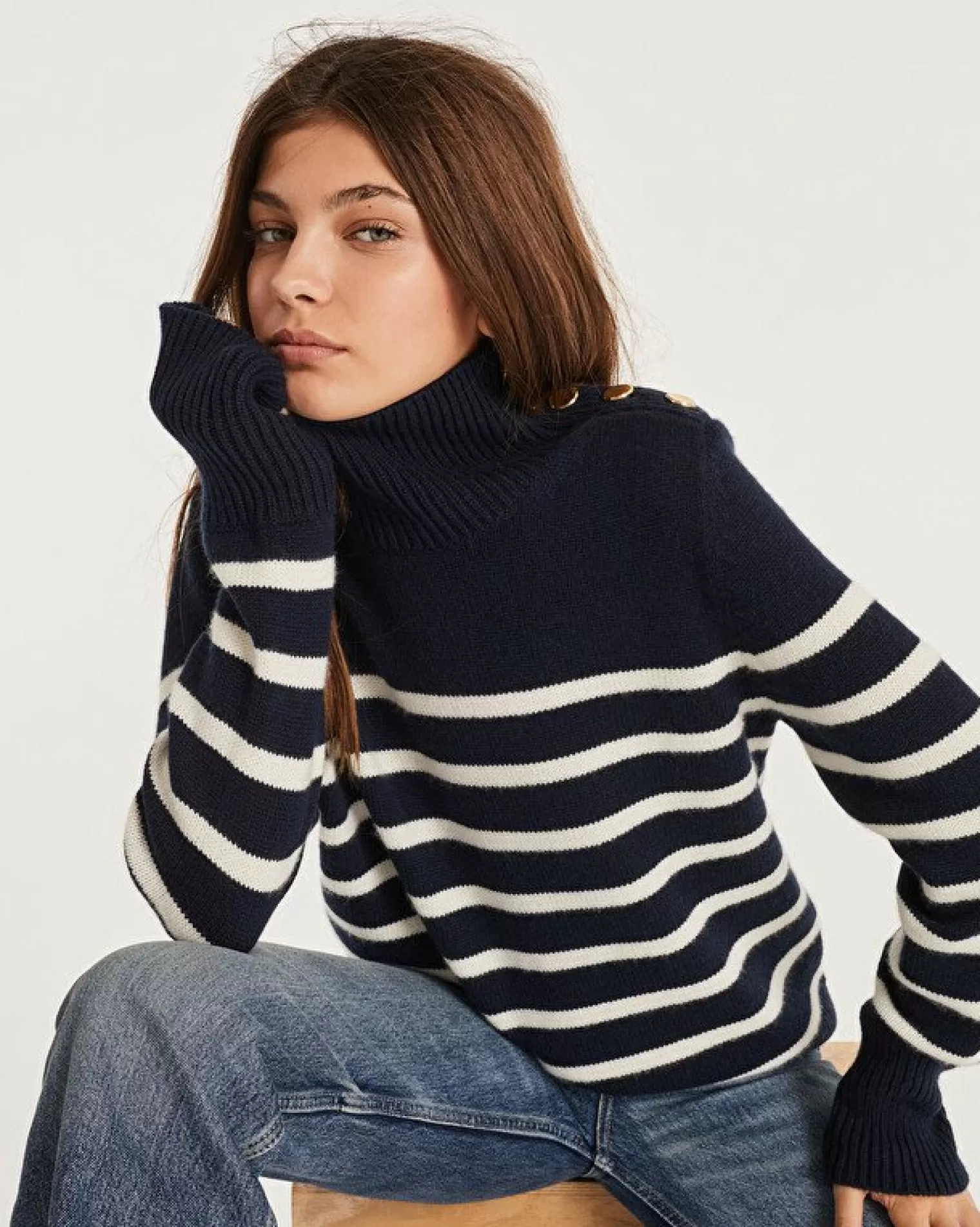 Kujten Sweaters & Sweatshirts>Chimney Neck Mariniere Cashmere Sweater, 6-Threads Bleu Marine Fonce