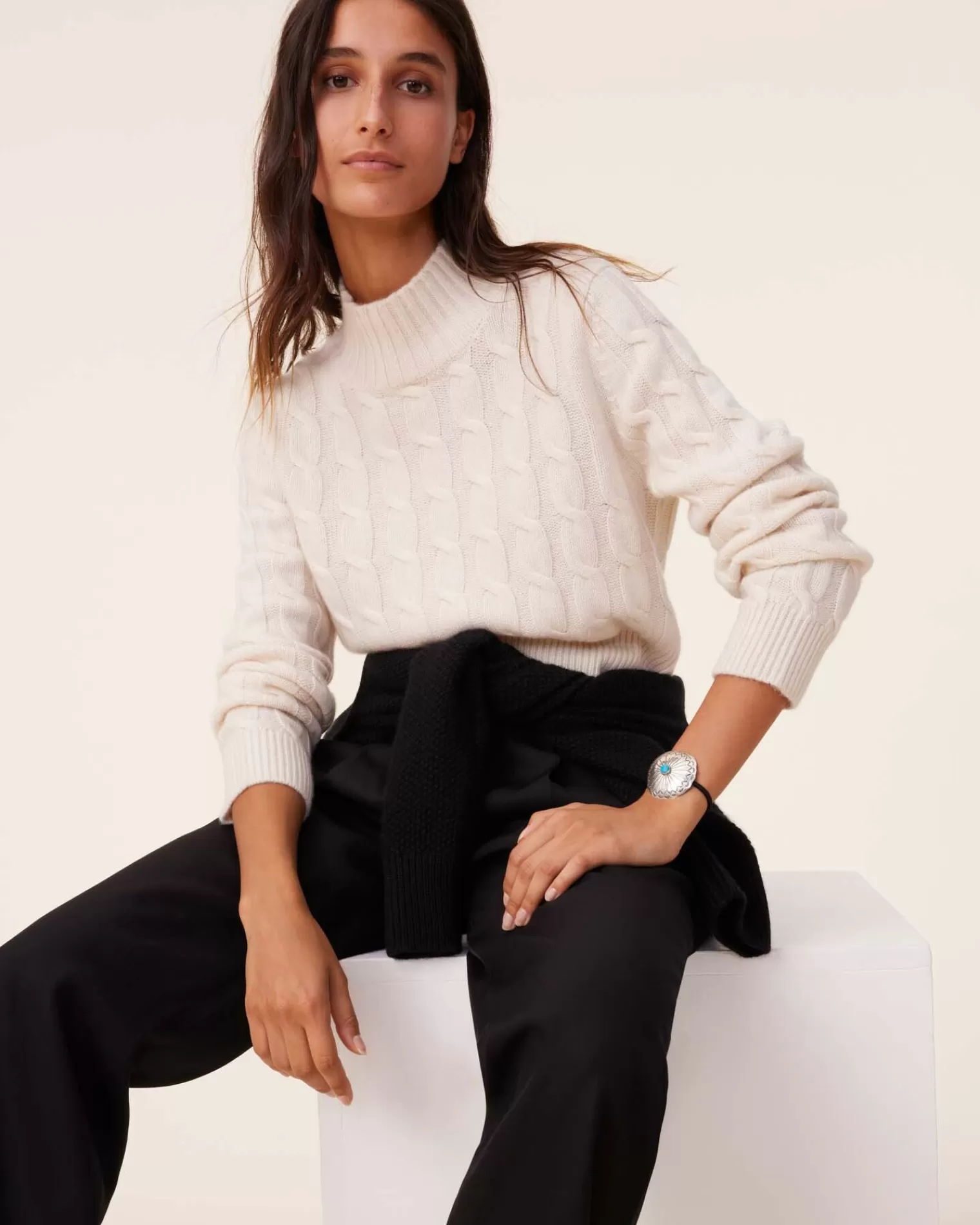 Kujten Sweaters & Sweatshirts>Chimney Neck Twisted Cashmere Sweater, 6-Threads Blanc