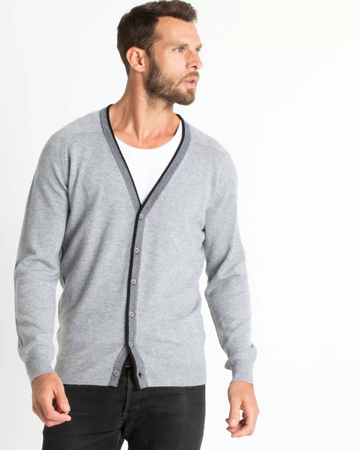 Kujten Jackets & Vests>Contrast Bordered Cashmere Cardigan Gris Chine