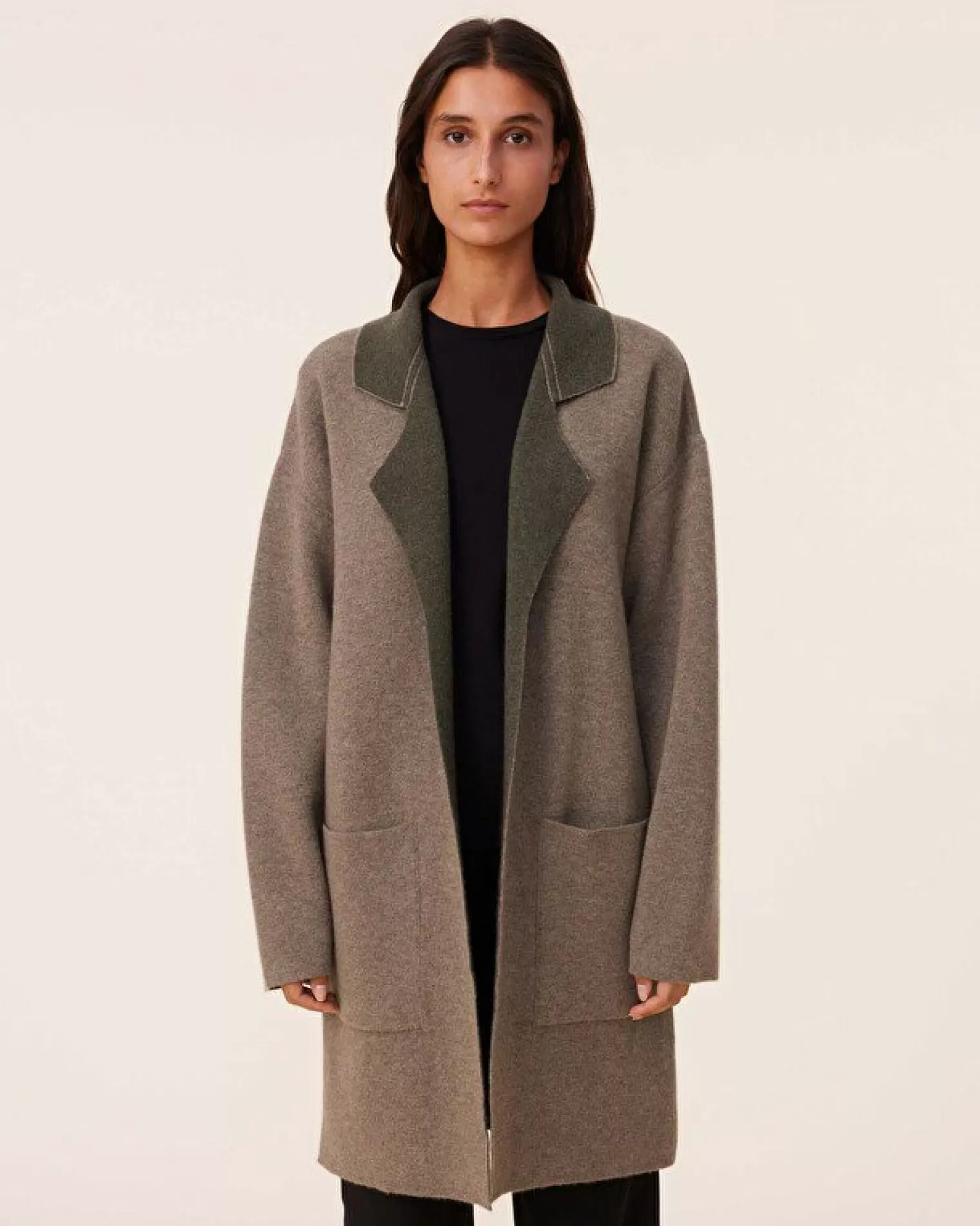 Kujten Coats>Double Sided Long Cashmere Blazer Jacket, 2-Threads Kaki Chine