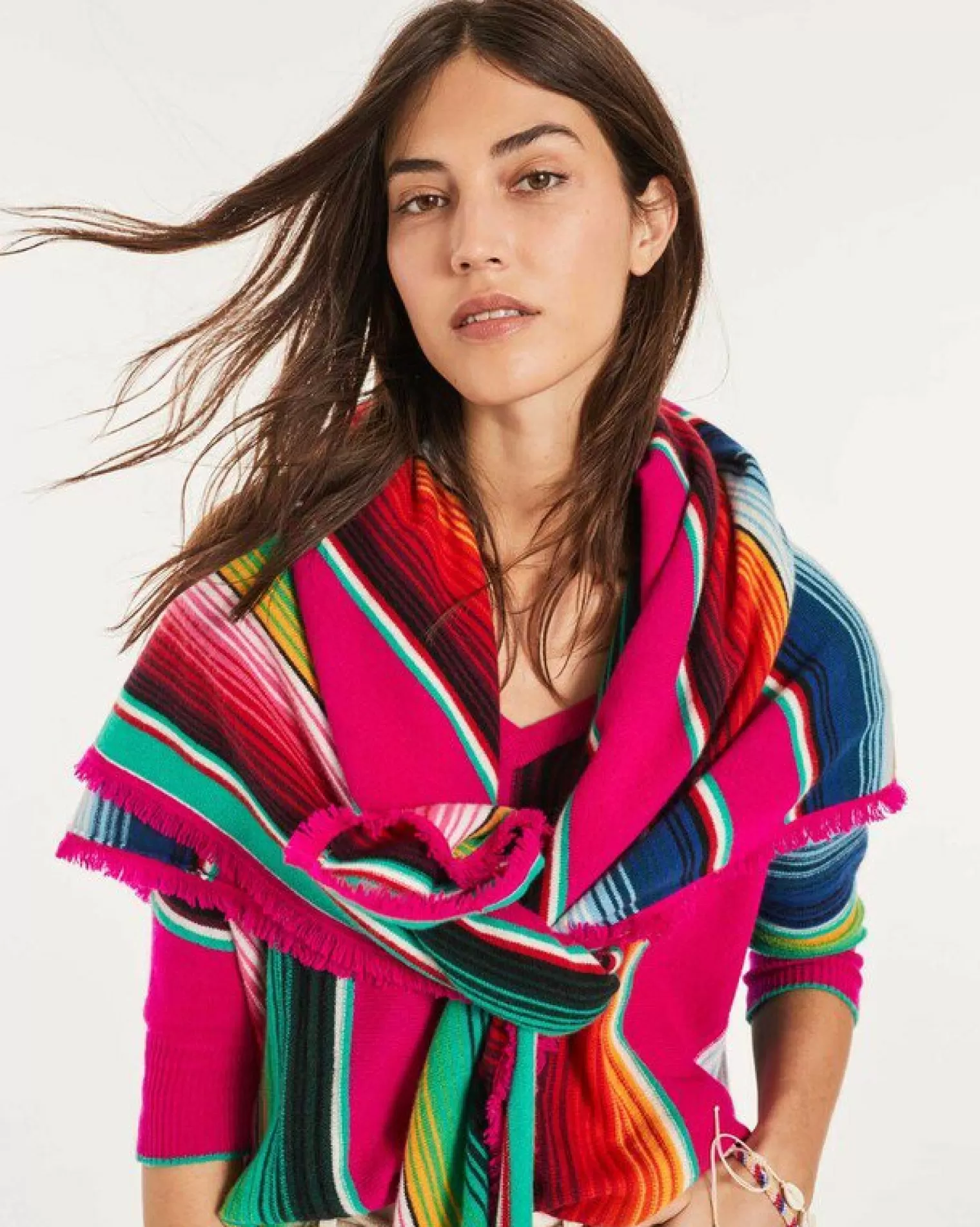 Kujten Scarves & Snoods>Extra Large Striped Cashmere Bandana Rose Magenta