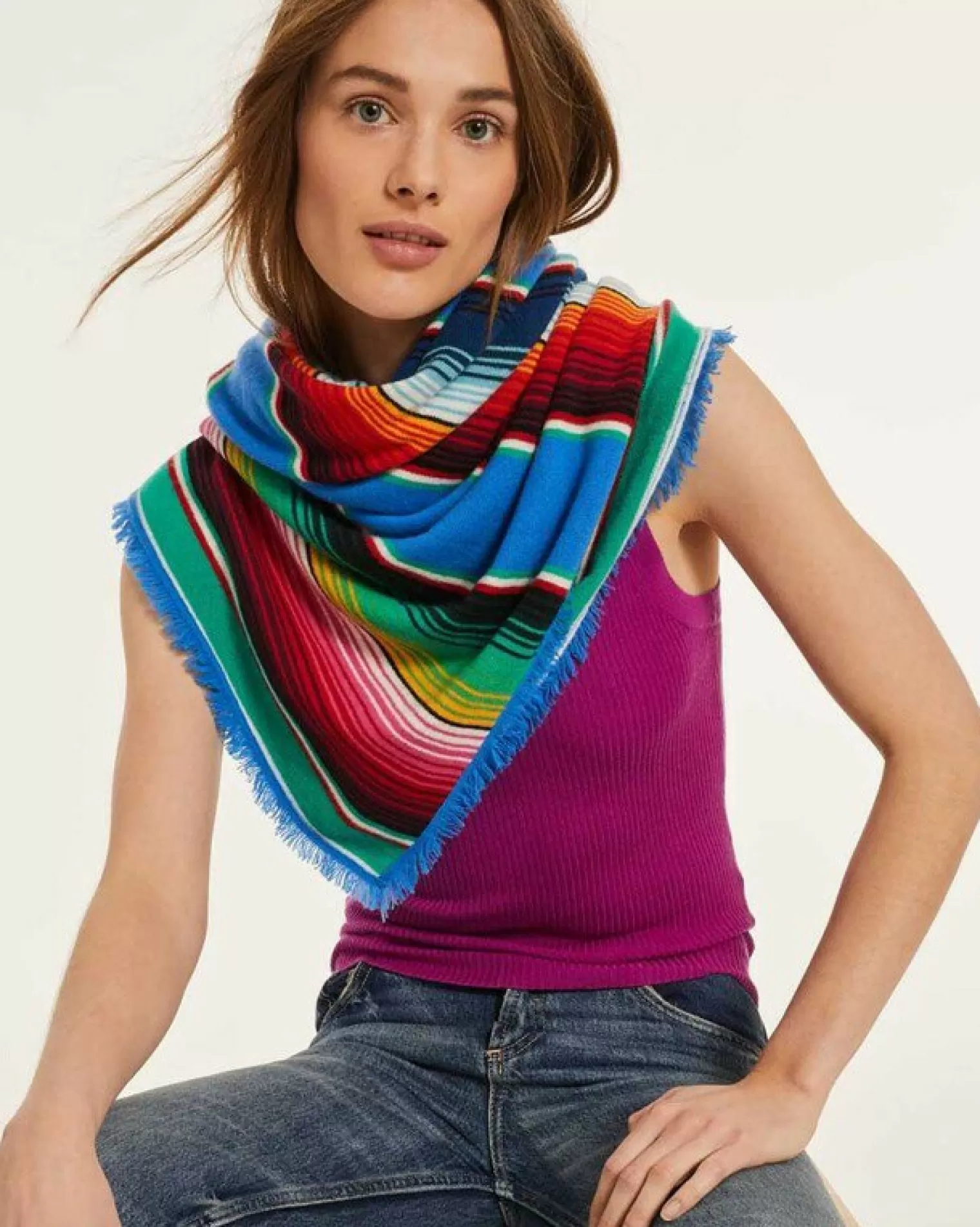 Kujten Scarves & Snoods>Extra Large Striped Cashmere Bandana Bleu Kabalos