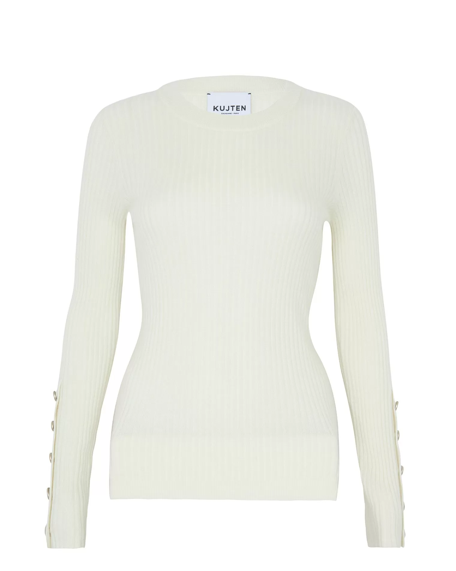 Kujten Sweaters & Sweatshirts>Flat Rib Round Neck Cashmere Sweater, 2-Threads Blanc