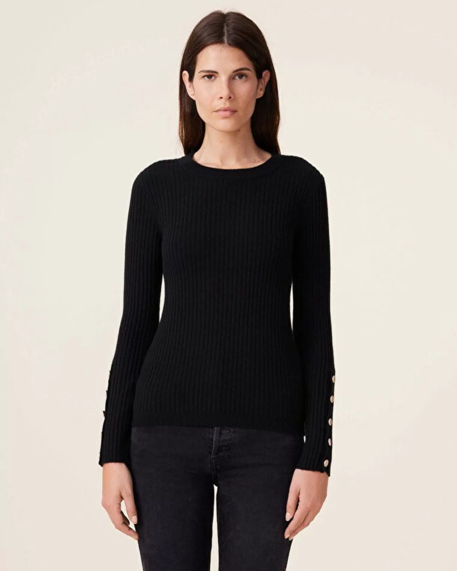 Kujten Sweaters & Sweatshirts>Flat Rib Round Neck Cashmere Sweater, 2-Threads Noir