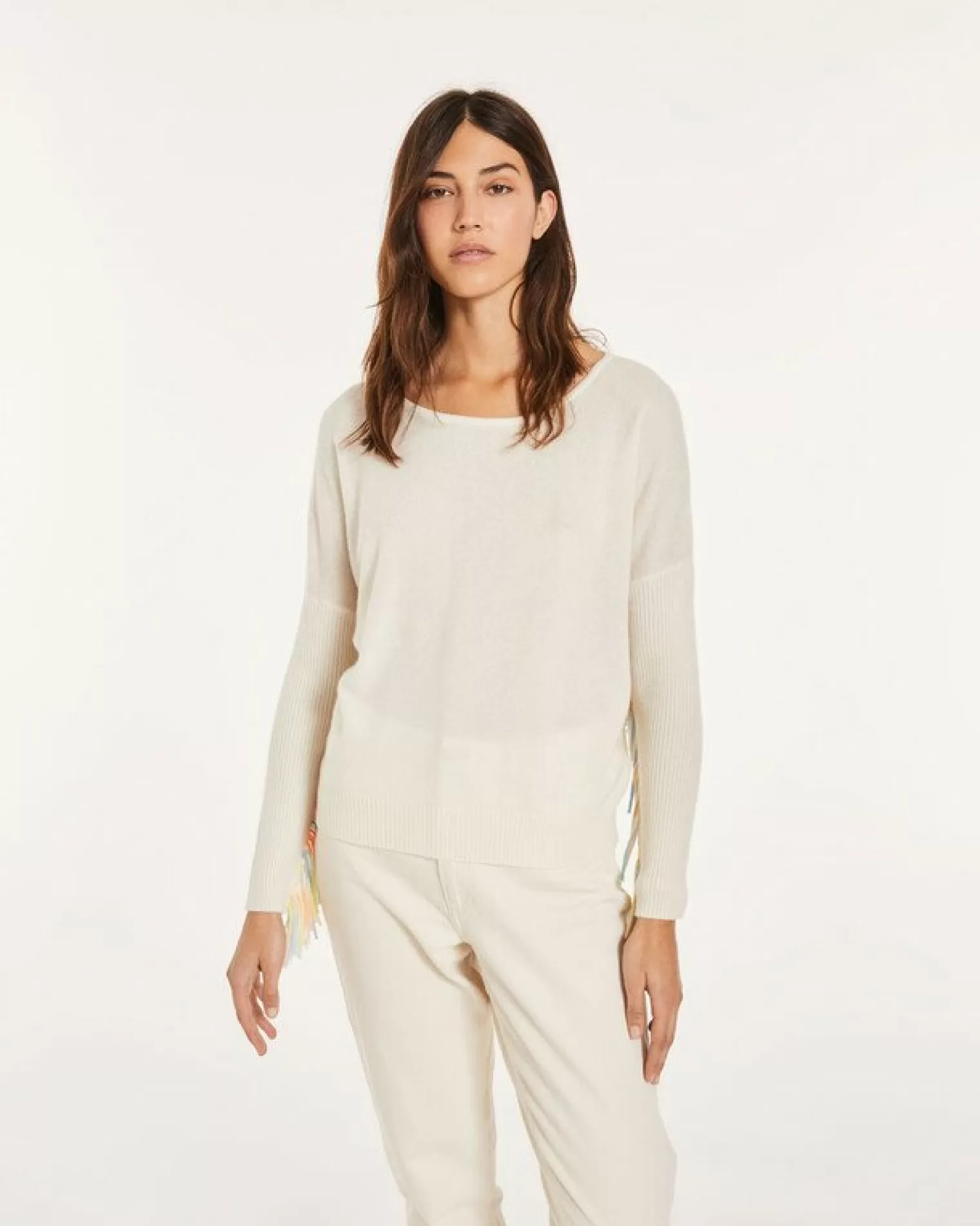 Kujten Sweaters & Sweatshirts>Fringed Boat Neck Cashmere Sweater Blanc