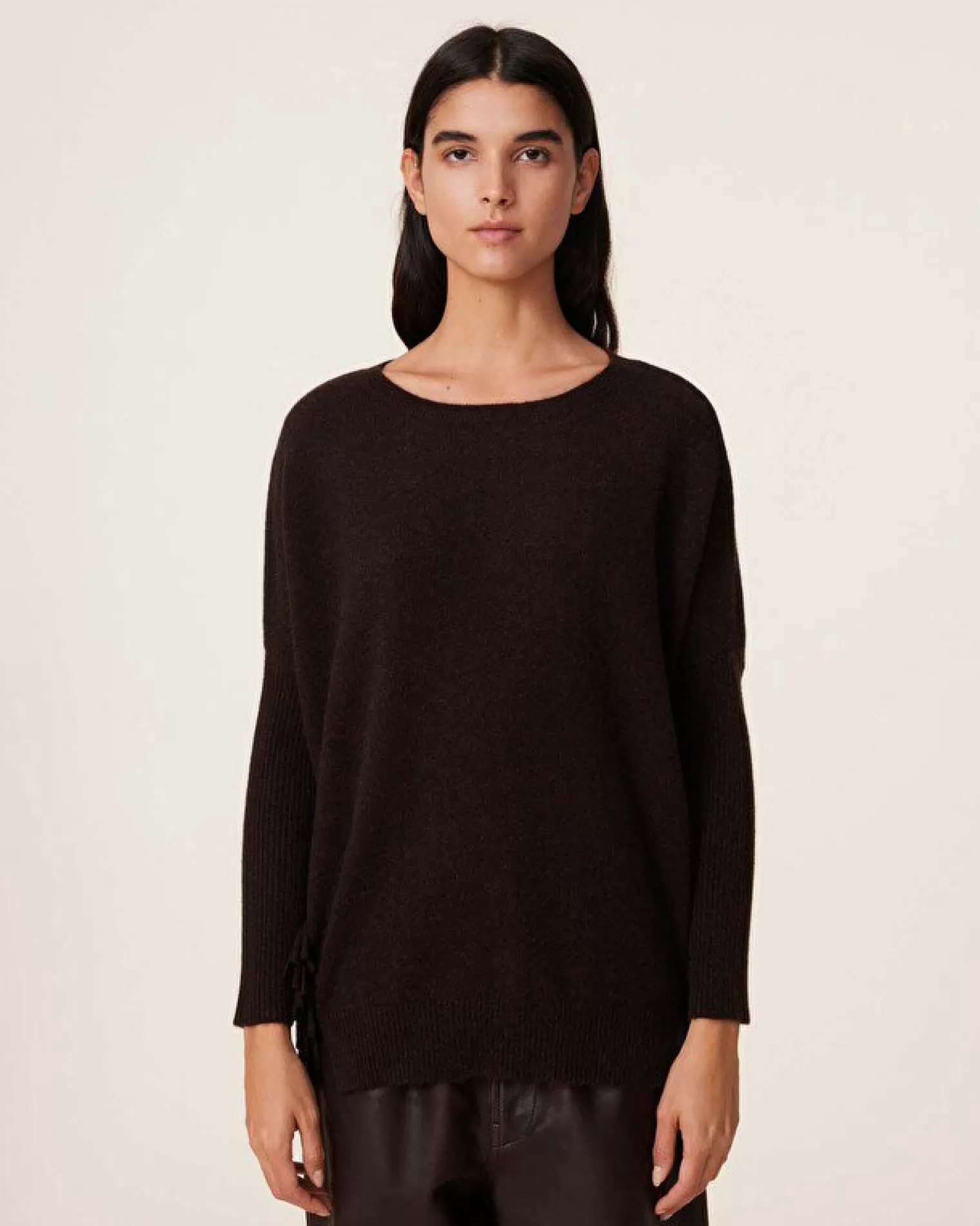 Kujten Sweaters & Sweatshirts>Fringed Sleeves Cashmere Sweater, 2-Threads Marron