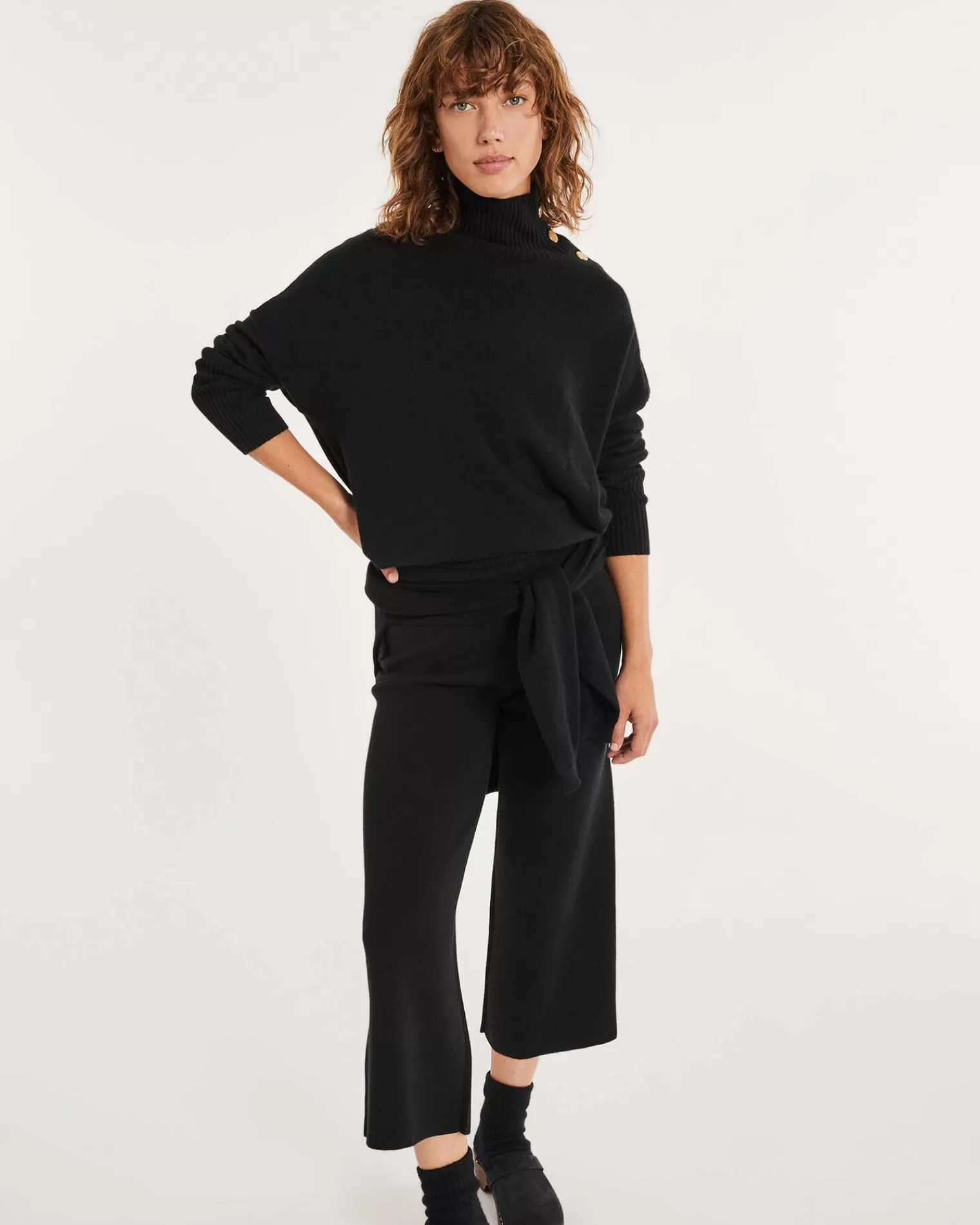 Kujten Sweaters & Sweatshirts>Funnel Neck Buttons Cashmere Sweater, 4-Threads Noir