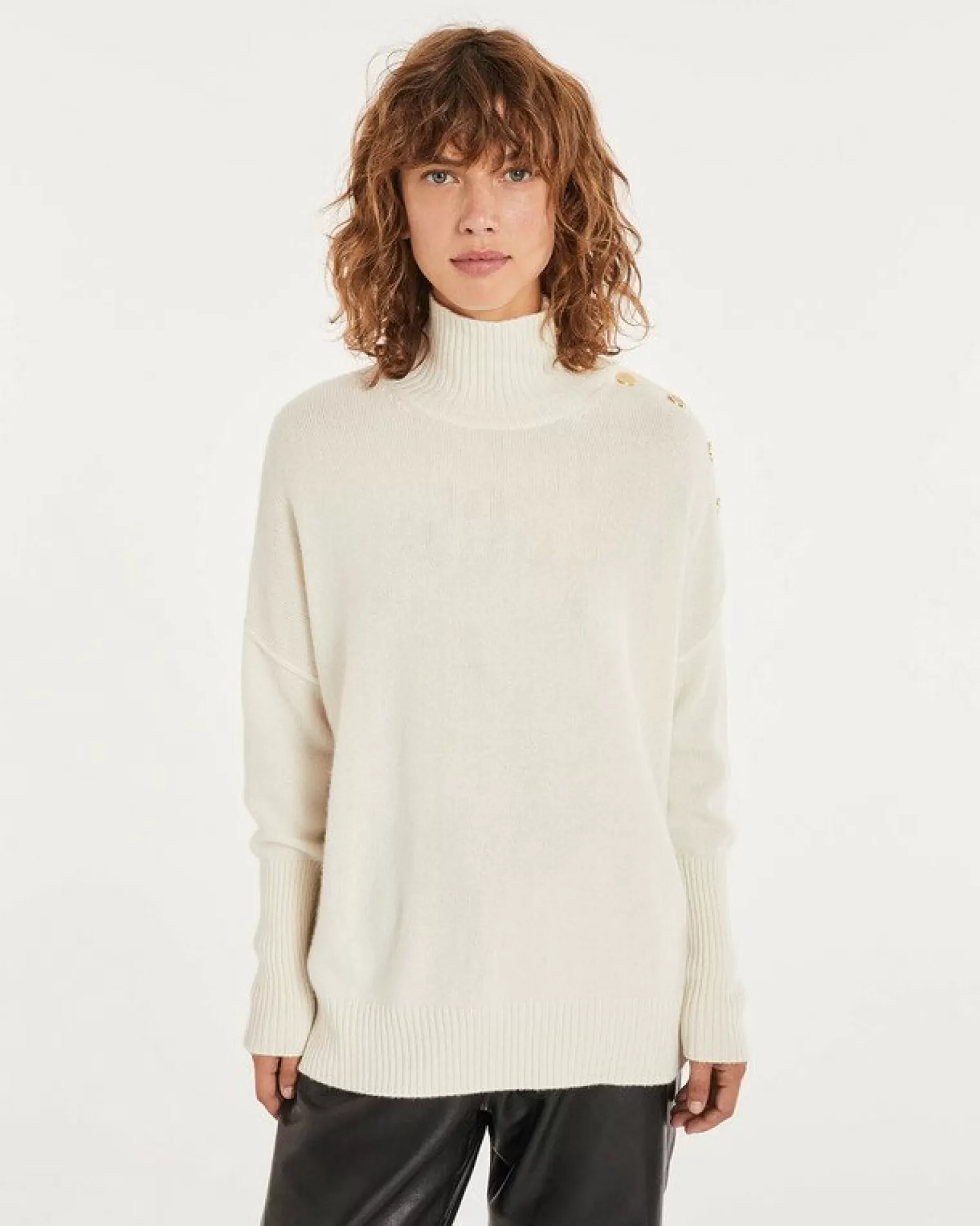 Kujten Sweaters & Sweatshirts>Funnel Neck Buttons Cashmere Sweater, 4-Threads Blanc