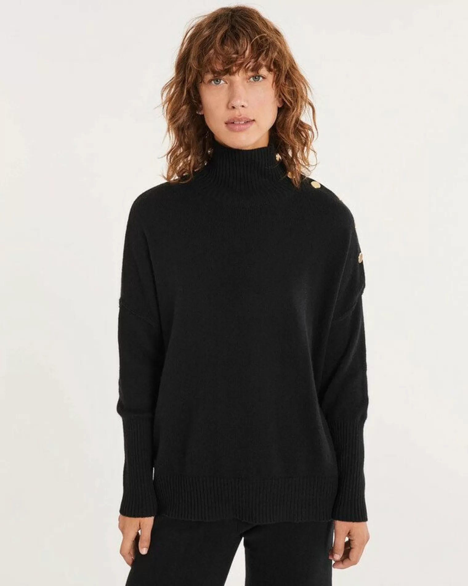 Kujten Sweaters & Sweatshirts>Funnel Neck Buttons Cashmere Sweater, 4-Threads Noir