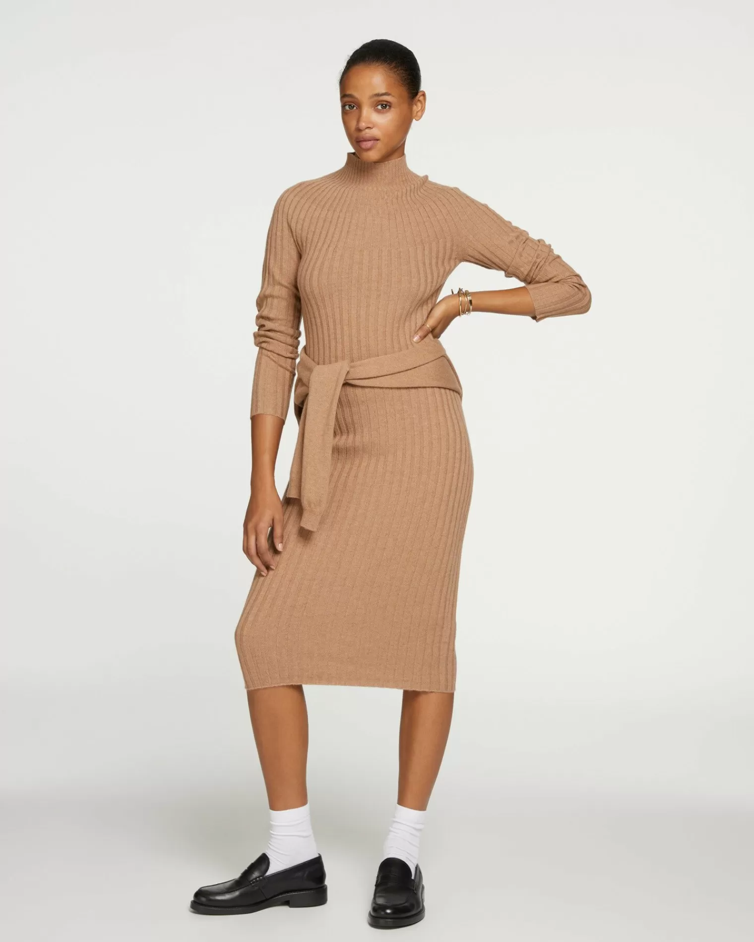 Kujten Dresses & Skirts>Funnel Neck Women Cashmere Long Dress Camelo