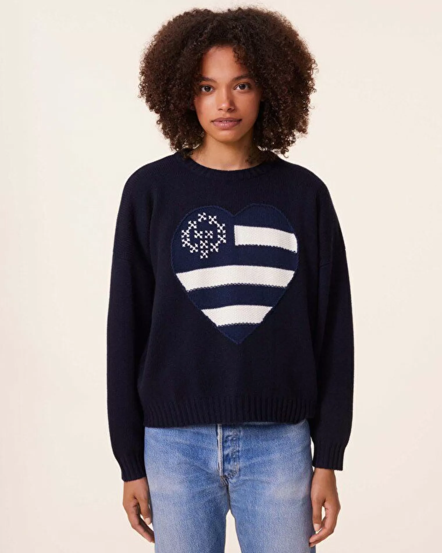 Kujten Sweaters & Sweatshirts>Heart Round Neck Cashmere Sweater, 10-Threads Bleu Marine Fonce