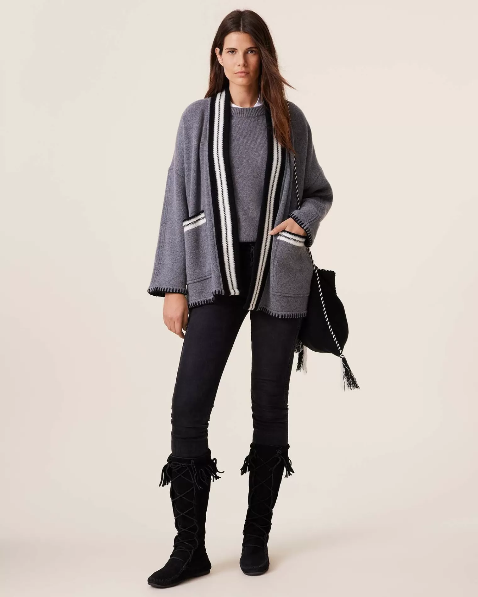 Kujten Jackets & Vests>Jacquard Cashmere Kimono Jacket, 4-Threads Noir