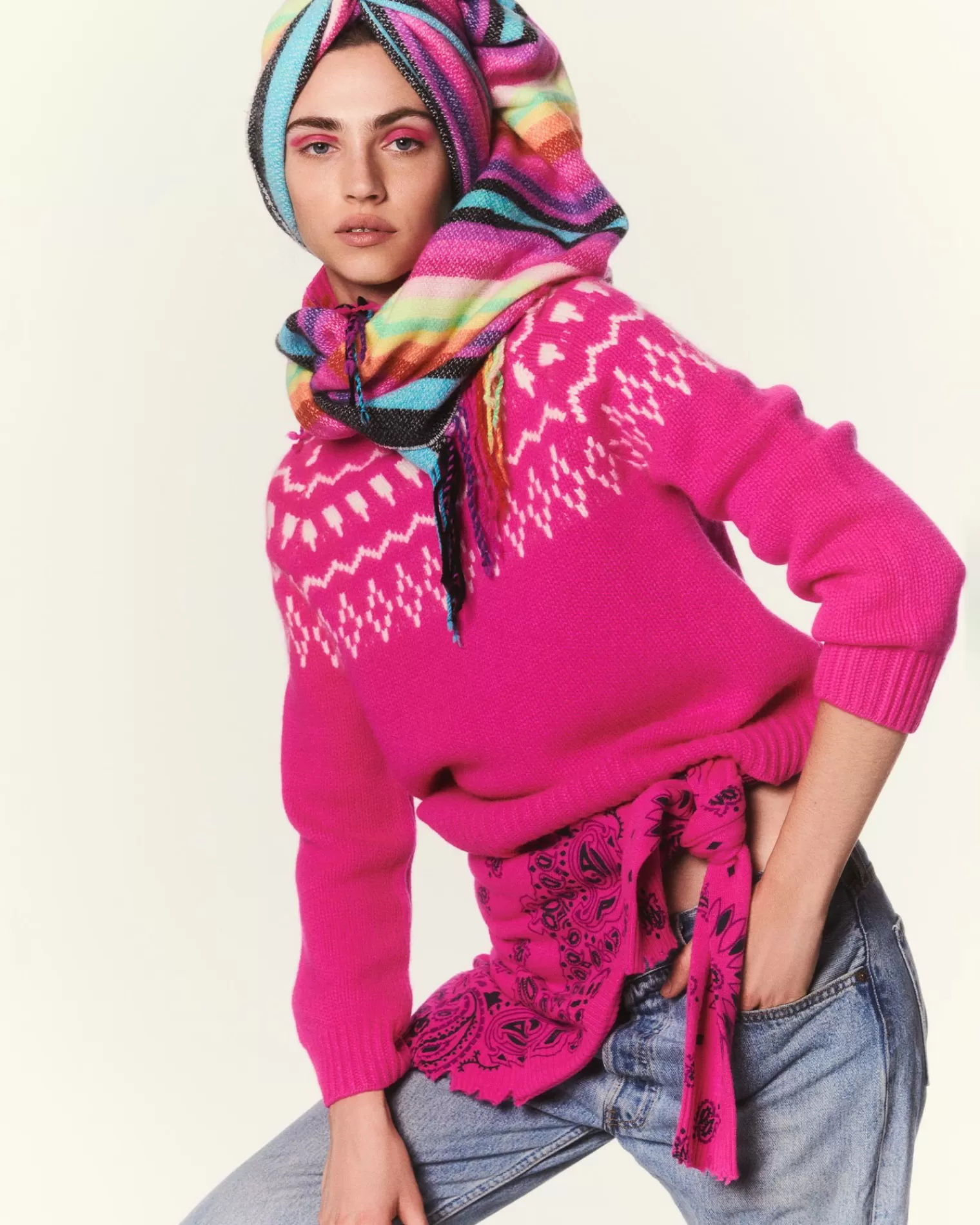 Kujten Sweaters & Sweatshirts>Jacquard Chimney Neck Cashmere Sweater, 4-Threads Rose Neon