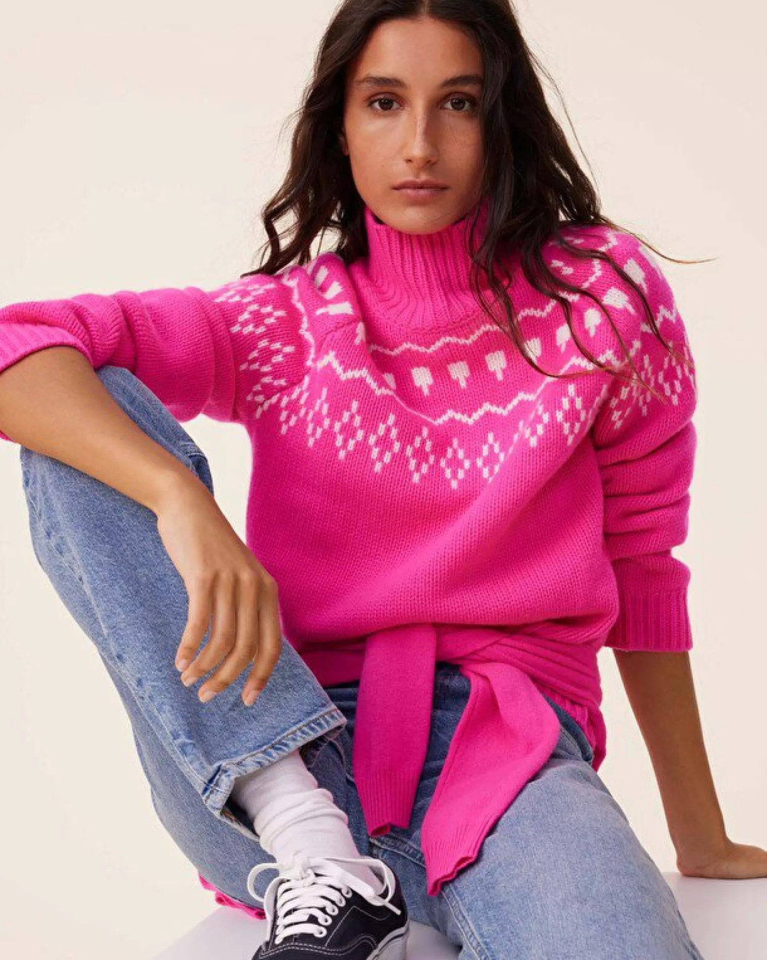 Kujten Sweaters & Sweatshirts>Jacquard Chimney Neck Cashmere Sweater, 4-Threads Rose Neon