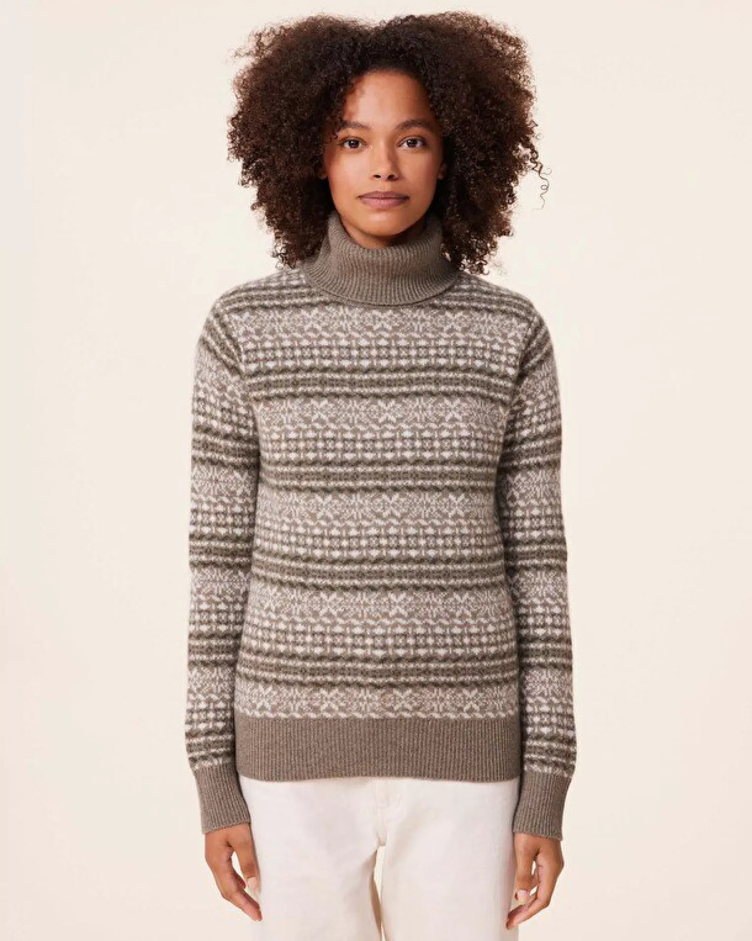 Kujten Sweaters & Sweatshirts>Jacquard Chimney Neck Cashmere Sweater, 4-Threads Kaki Chine