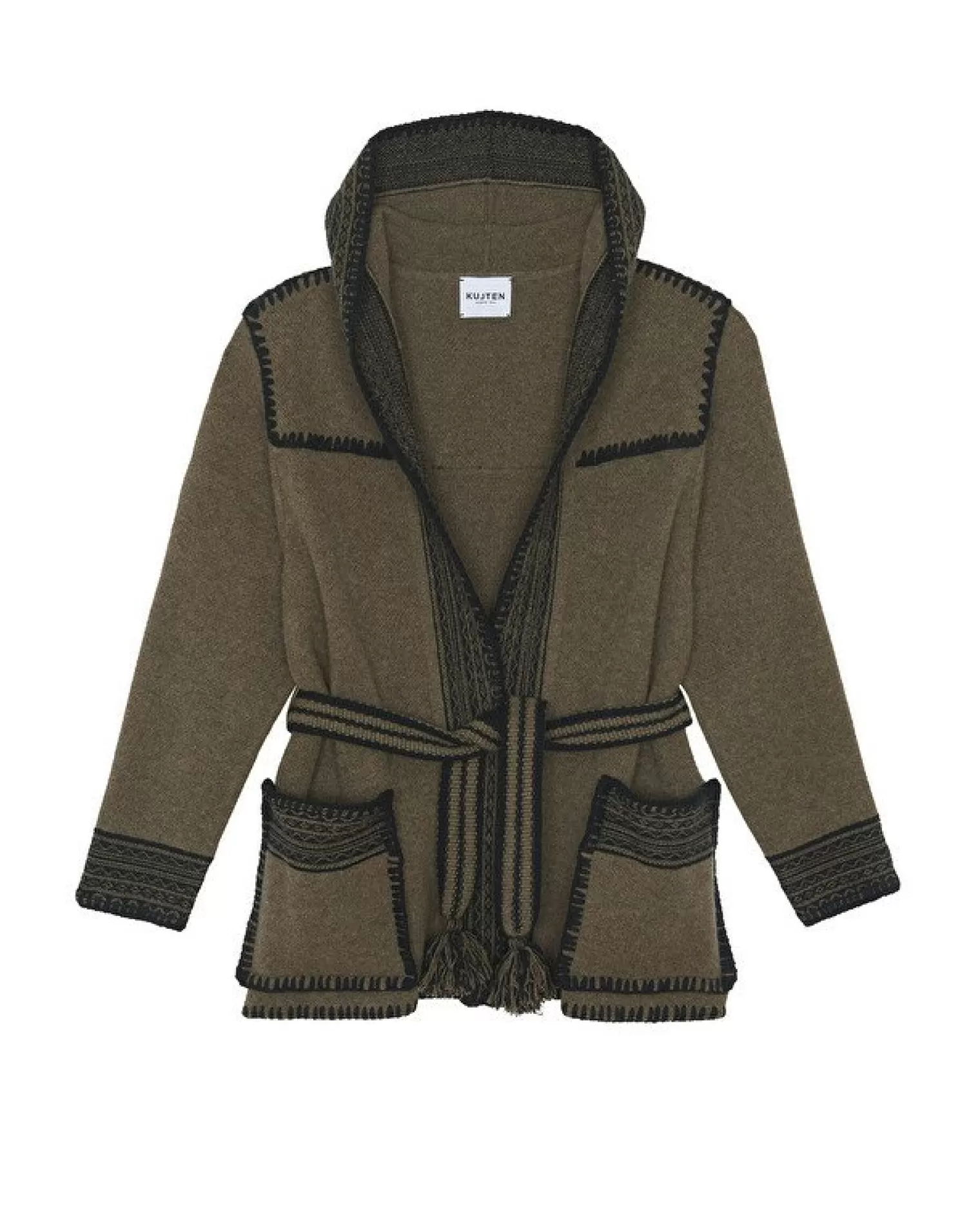 Kujten Jackets & Vests>Jacquard Hooded Cashmere Jacket, 4-Threads Kaki Moss