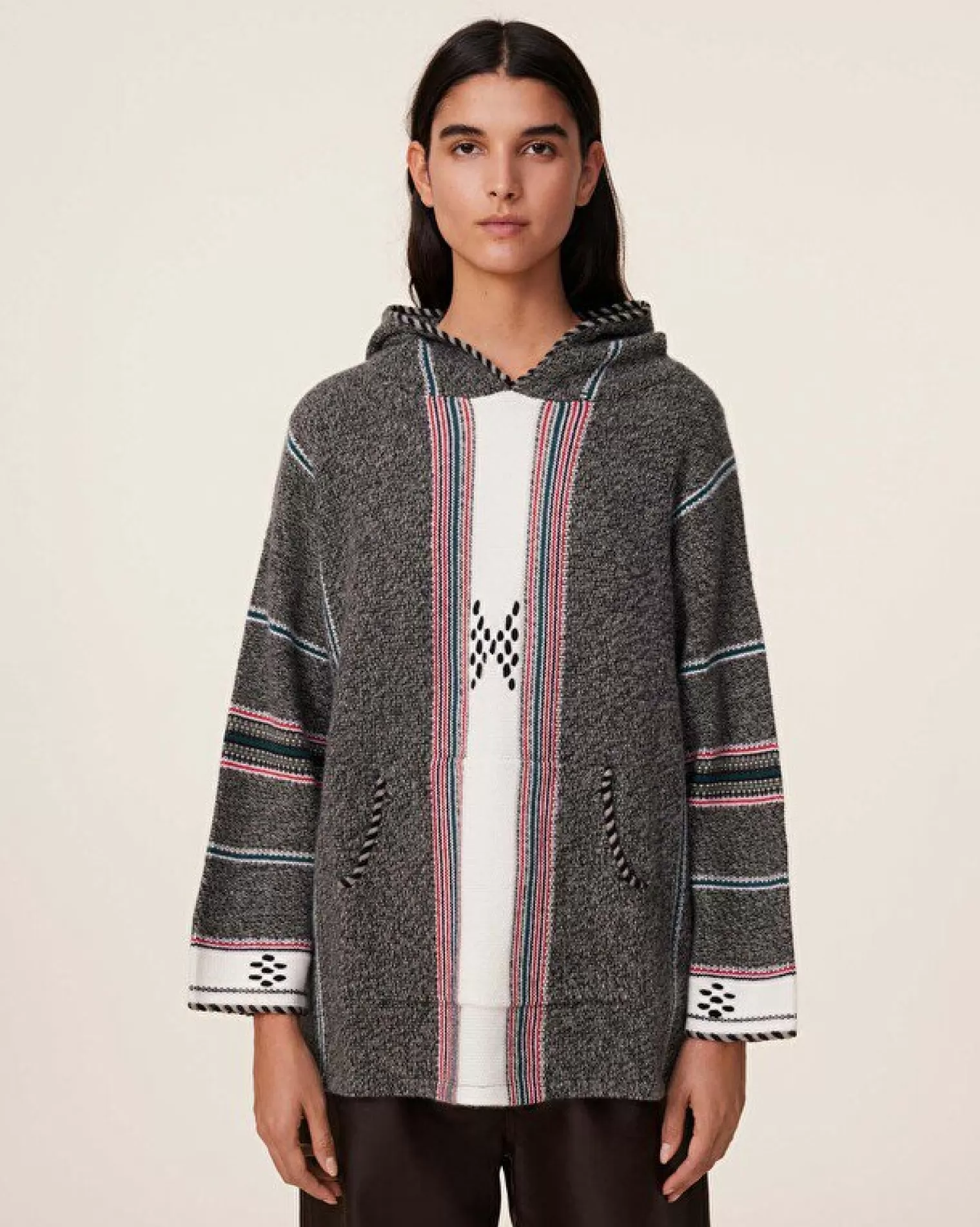 Kujten Hoodies>Jacquard Oversized Cashmere Hoodie, 6-Threads Kaki Chine