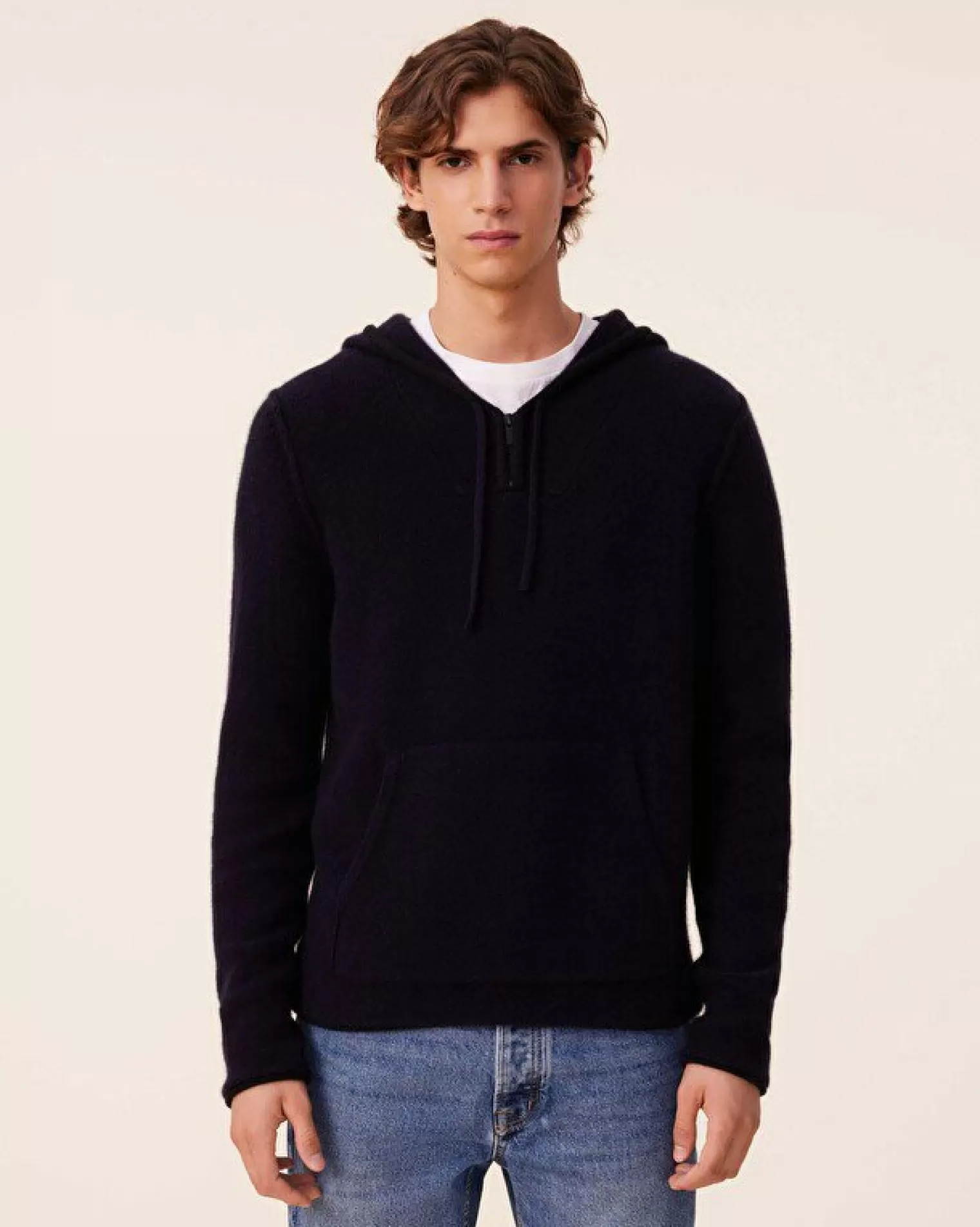 Kujten Hoodies>Jersey Cashmere Zipped Hoodie , 6-Threads Bleu Marine Fonce