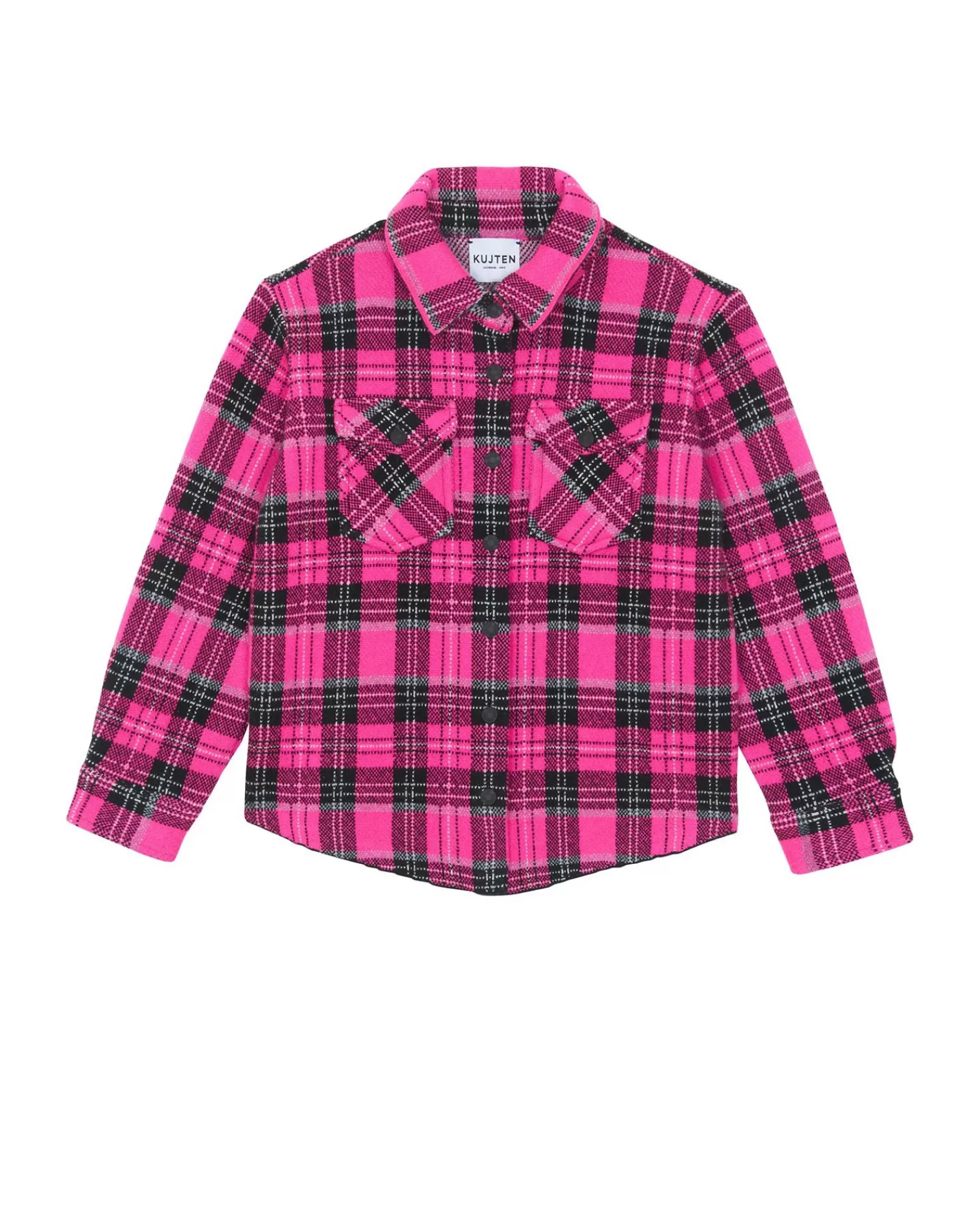 Kujten Sweaters>Kids Cashmere Plaid Overshirt, 4-Threads Rose Neon