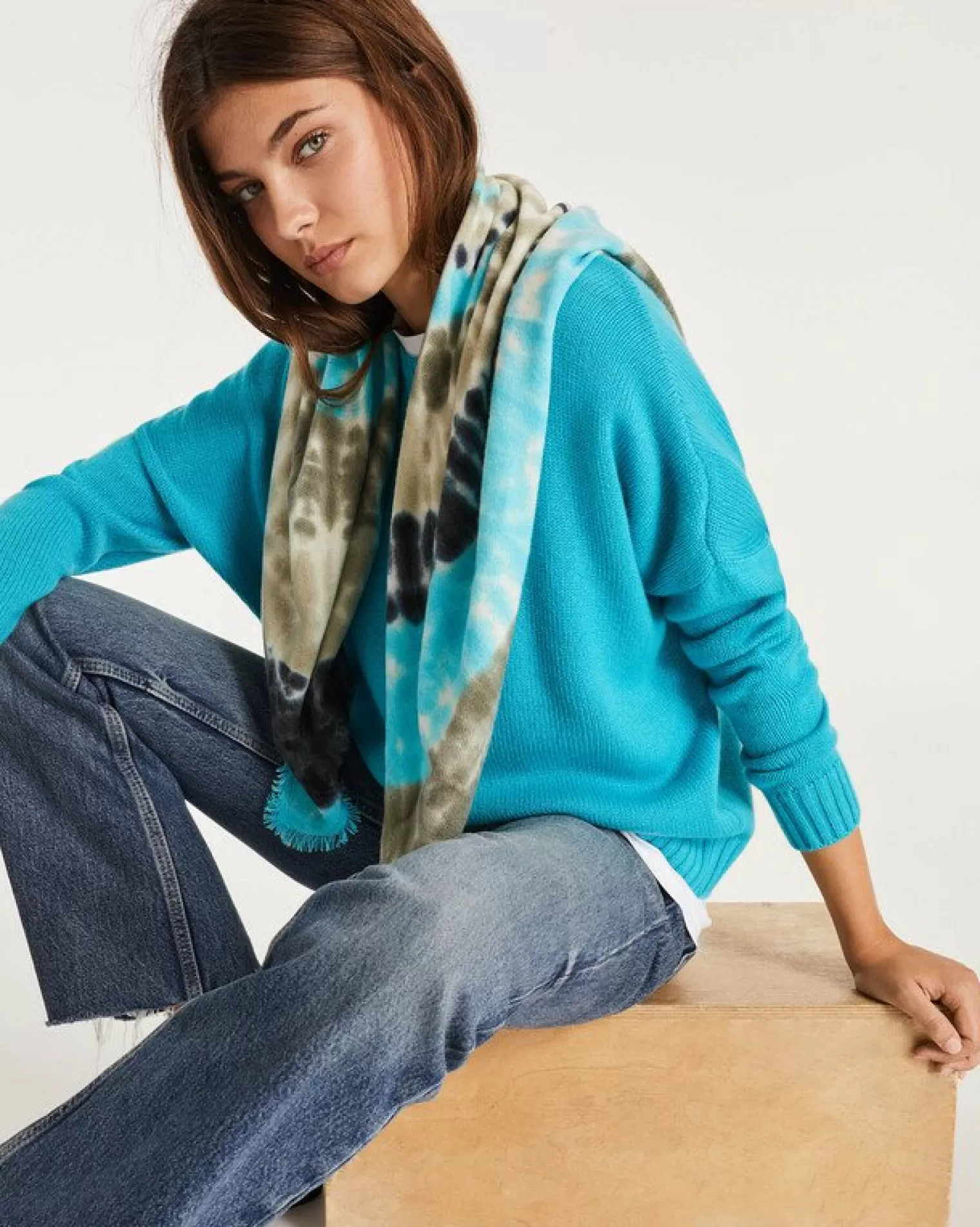 Kujten Bandanas>Large Printed Cashmere Bandana Bleu Turquoise