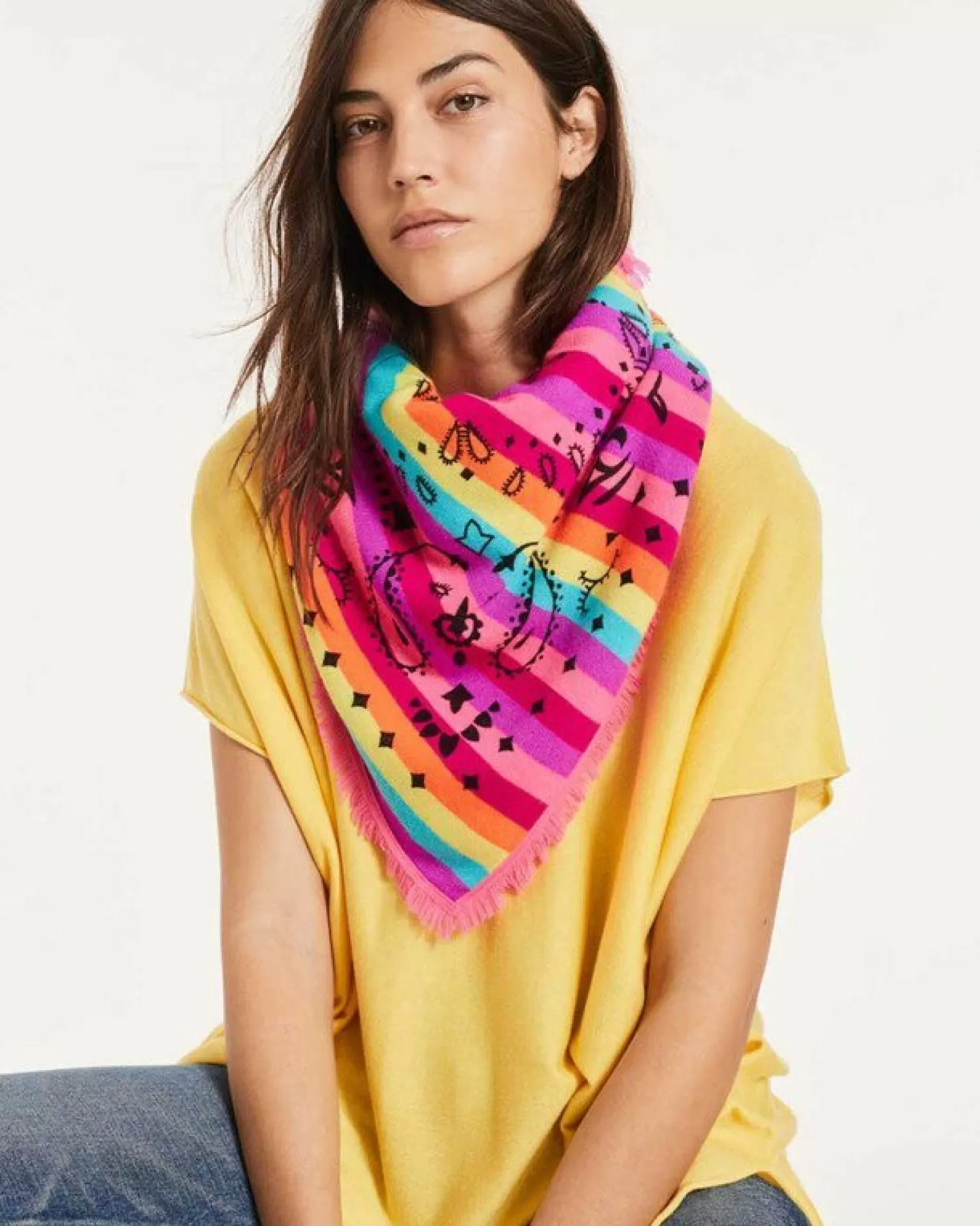 Kujten Bandanas>Large Striped Printed Cashmere Bandana Multicolore