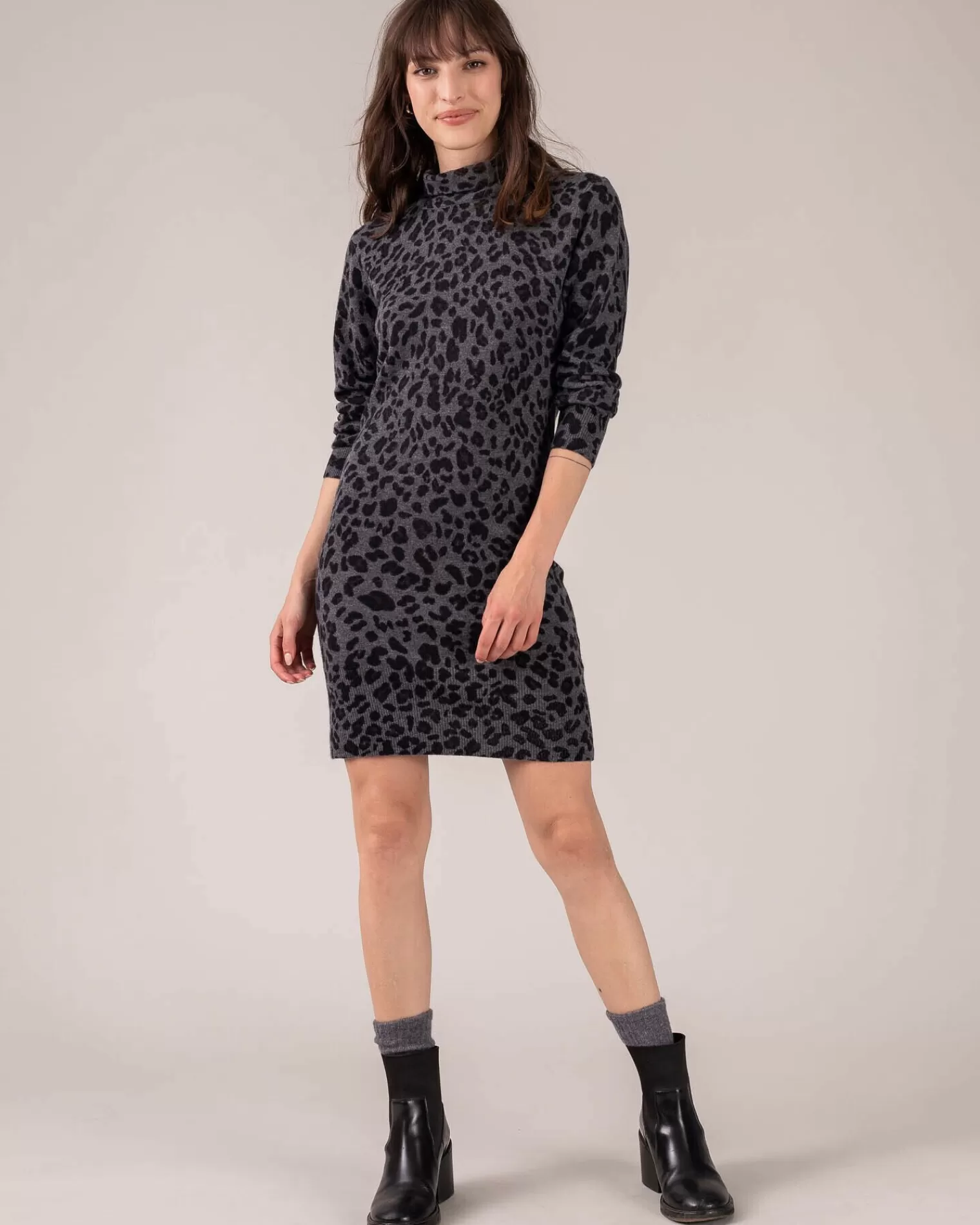 Kujten Dresses & Skirts>Leopard Funnel Neck Cashmere Dress Gris Anthracite Leopard