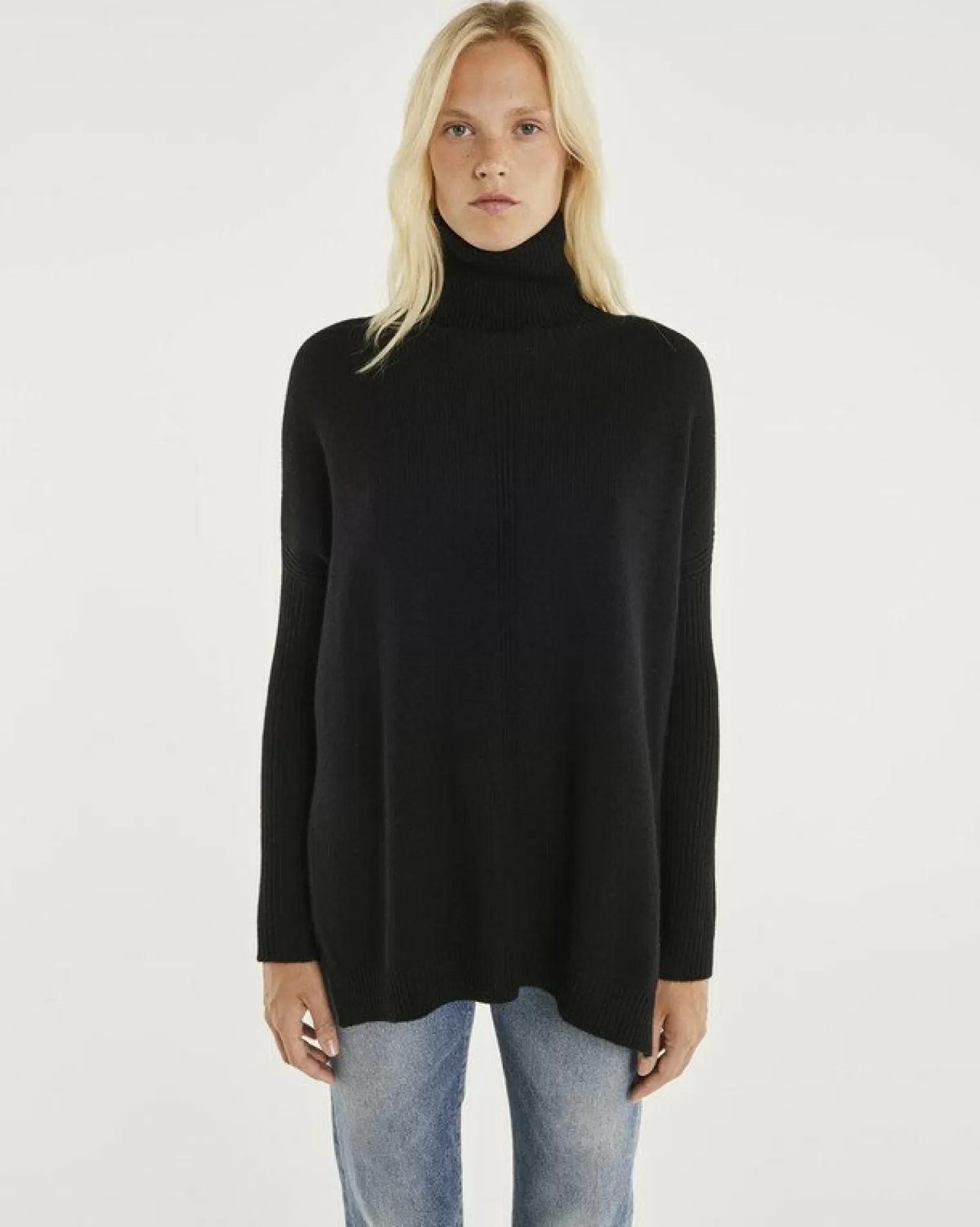 Kujten Capes & Ponchos>Lined Turtleneck Woman Cashmere Tunic Noir