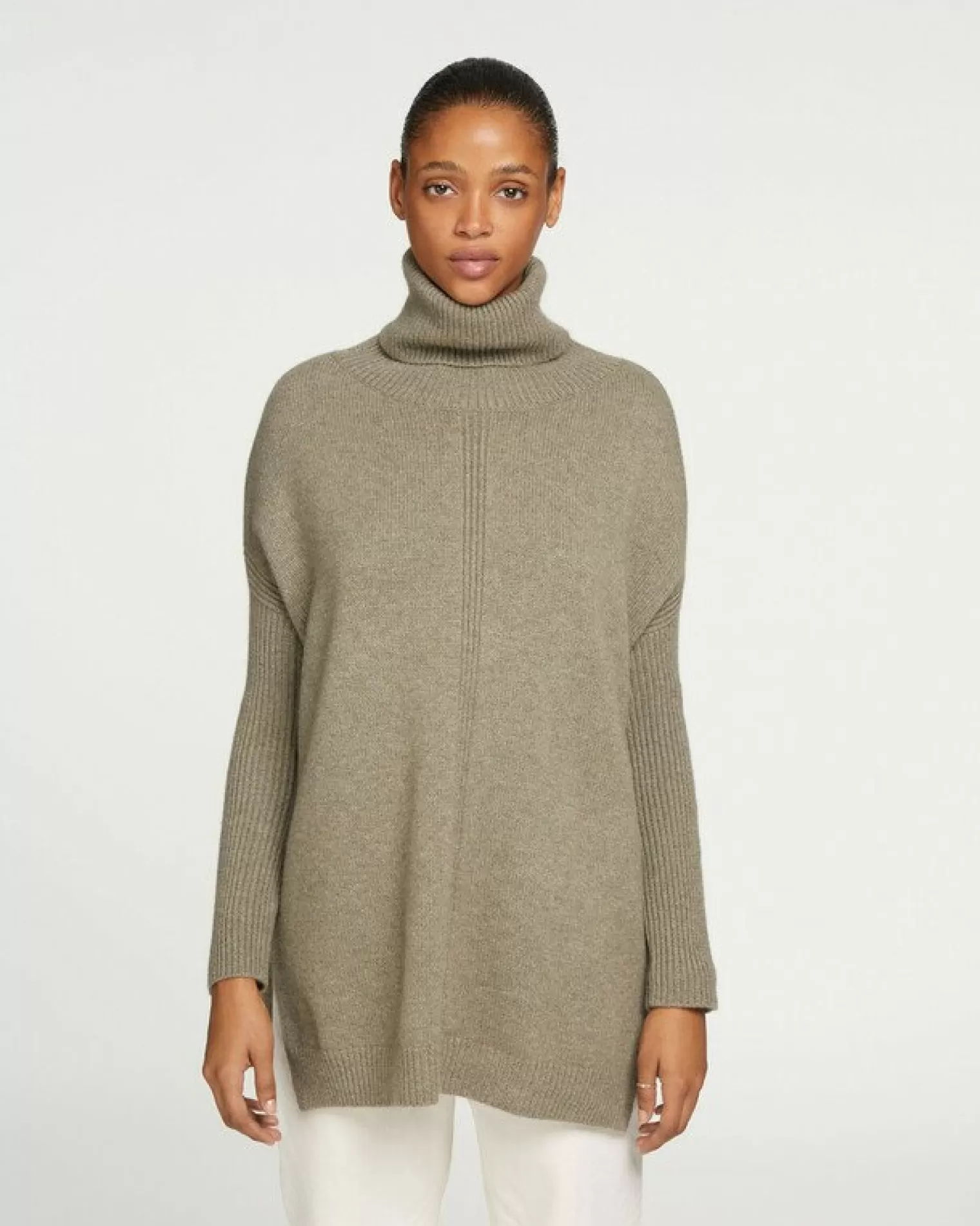 Kujten Sweaters & Sweatshirts>Lined Turtleneck Women Cashmere Tunic, 6-Threads Kaki Chine