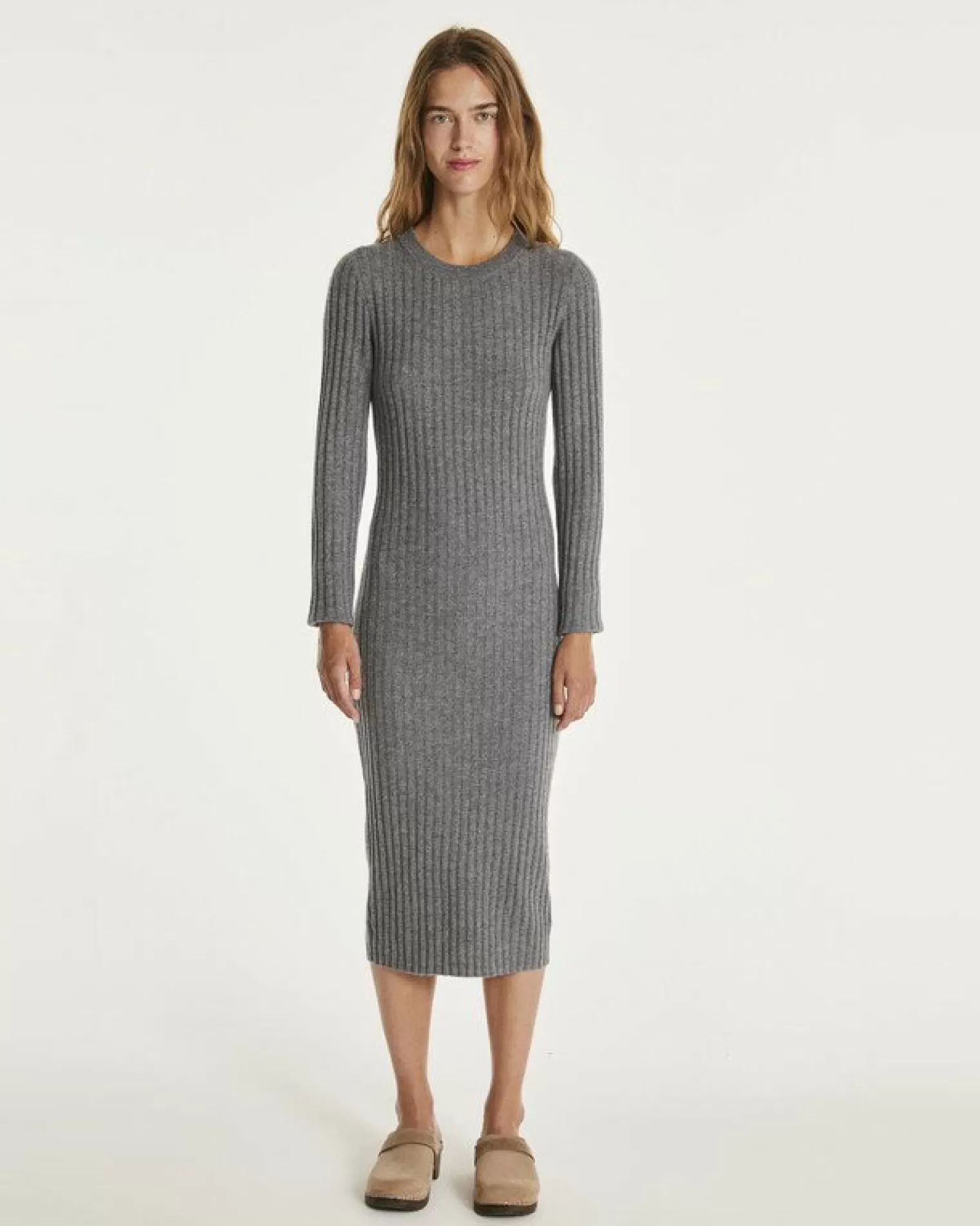 Kujten Dresses & Skirts>Long Cashmere Round Neck Dress Gris Flanelle