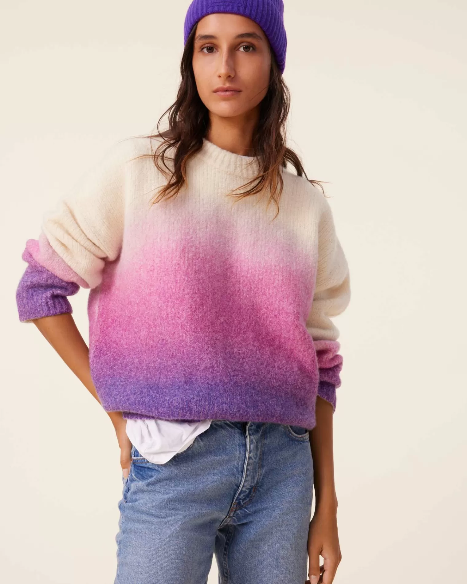 Kujten Sweaters & Sweatshirts>Loop Jersey Round Neck Cashmere Sweater, 2-Threads Violet