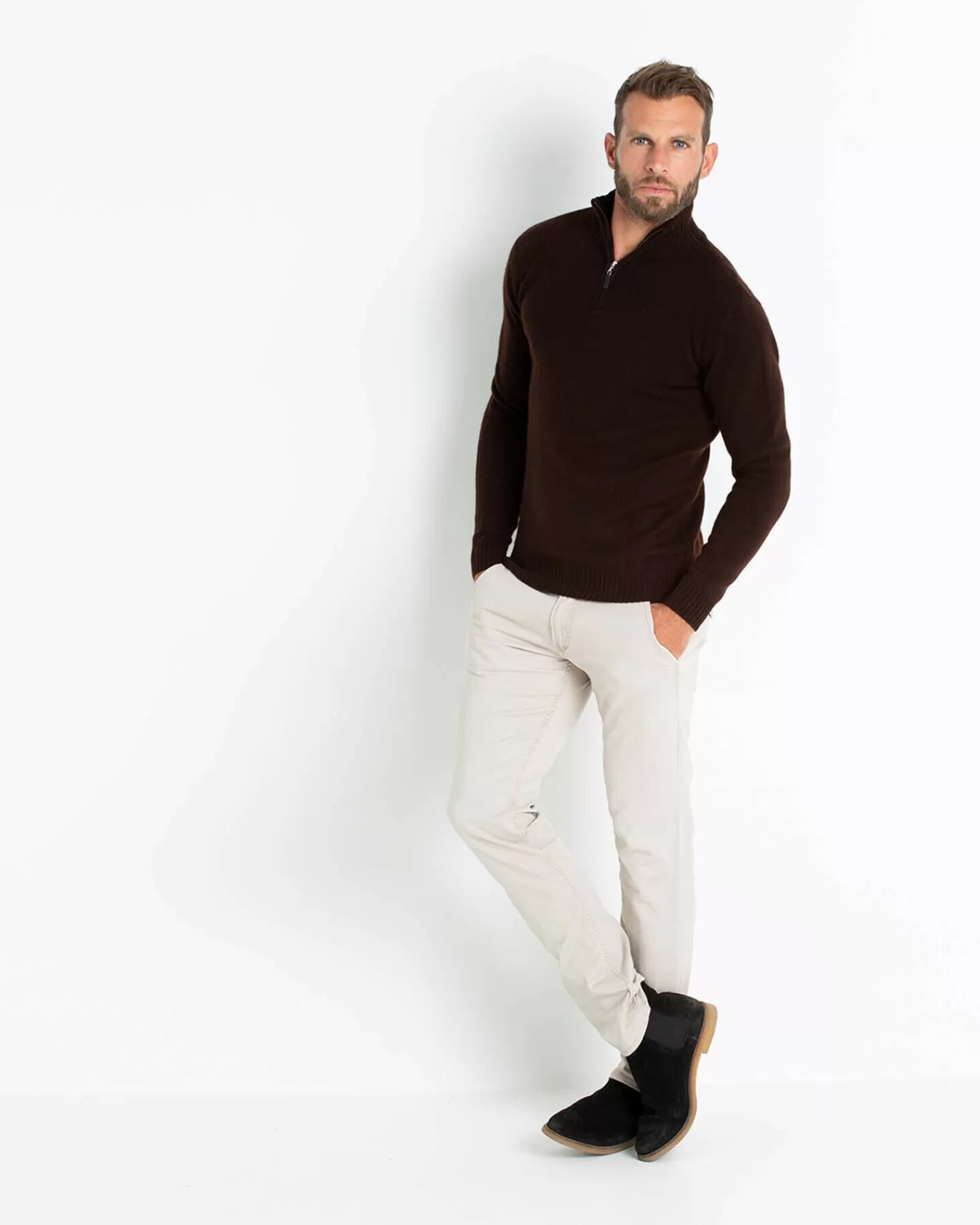 Kujten Sweaters & Sweatshirts>Man Plain Truck Collar Cashmere Sweater Marron Choco