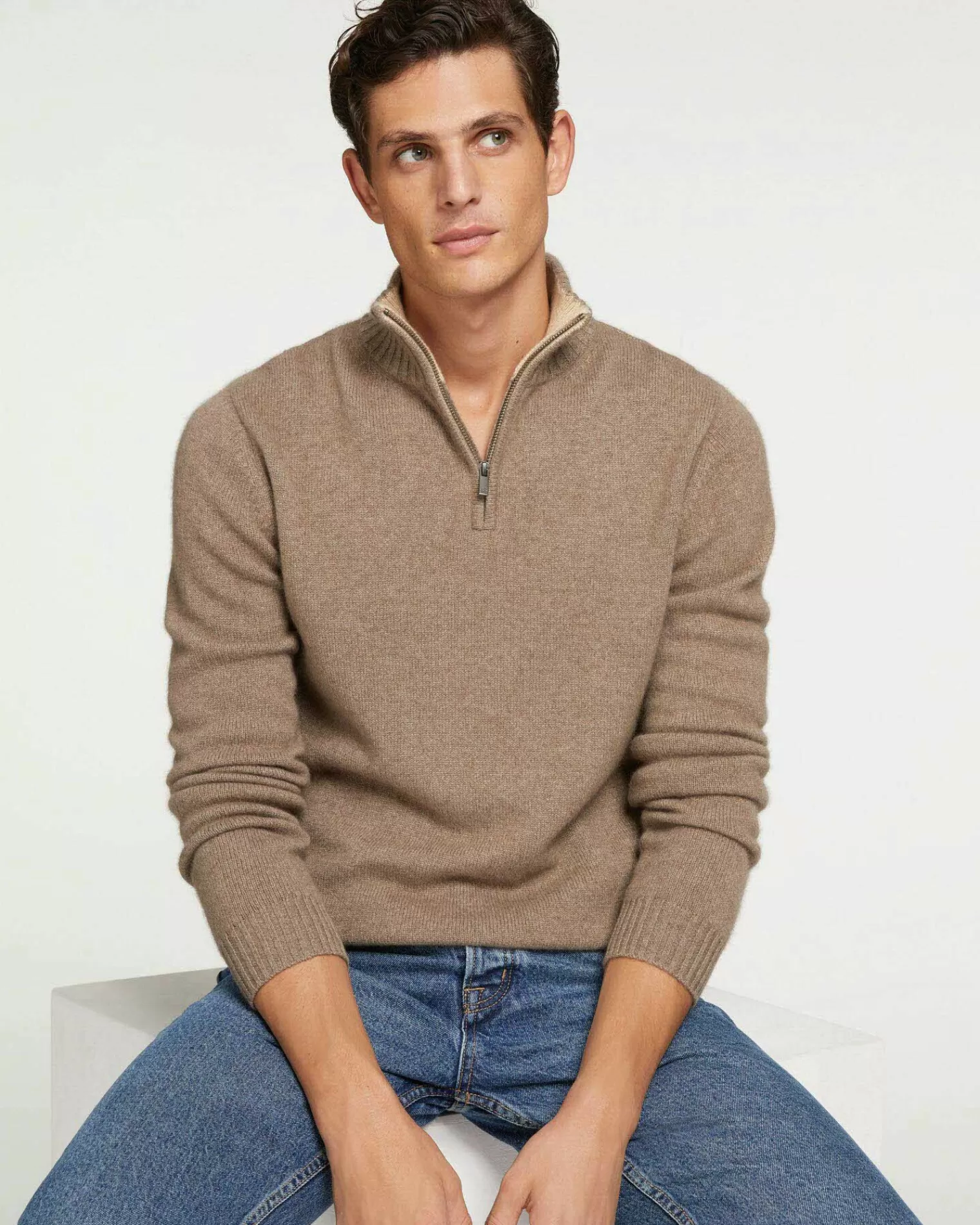 Kujten Sweaters & Sweatshirts>Man Plain Truck Collar Cashmere Sweater Beige Taupe