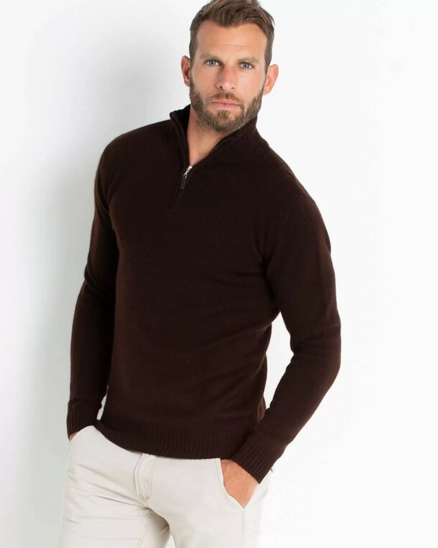 Kujten Sweaters & Sweatshirts>Man Plain Truck Collar Cashmere Sweater Marron Choco