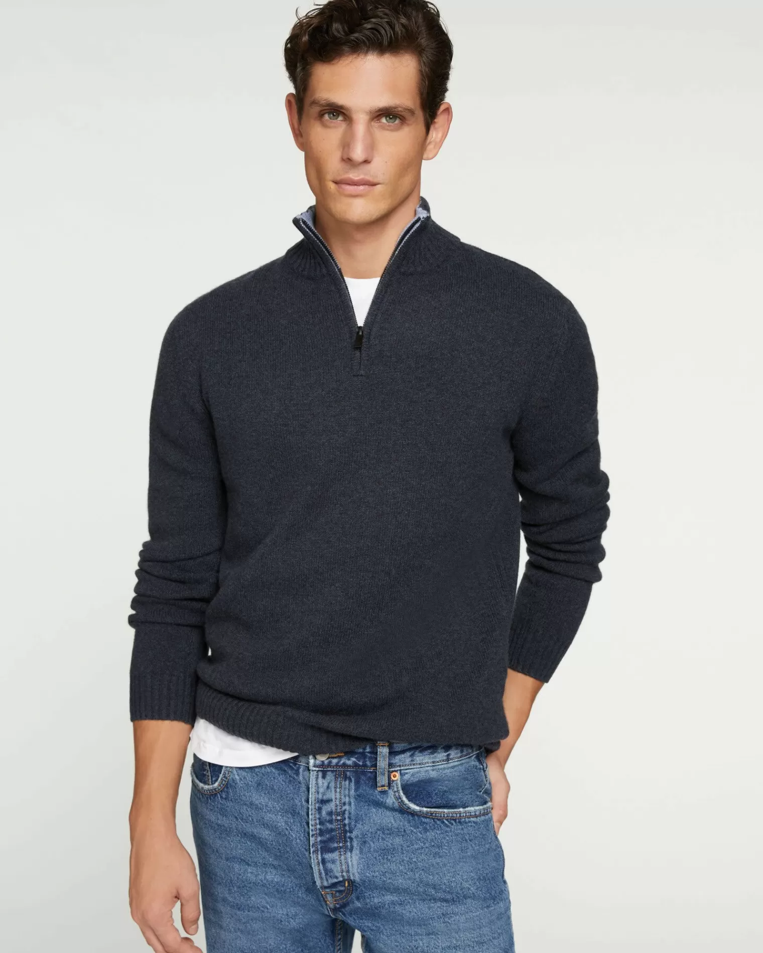 Kujten Sweaters & Sweatshirts>Man Plain Truck Collar Cashmere Sweater, 4-Threads Ocean