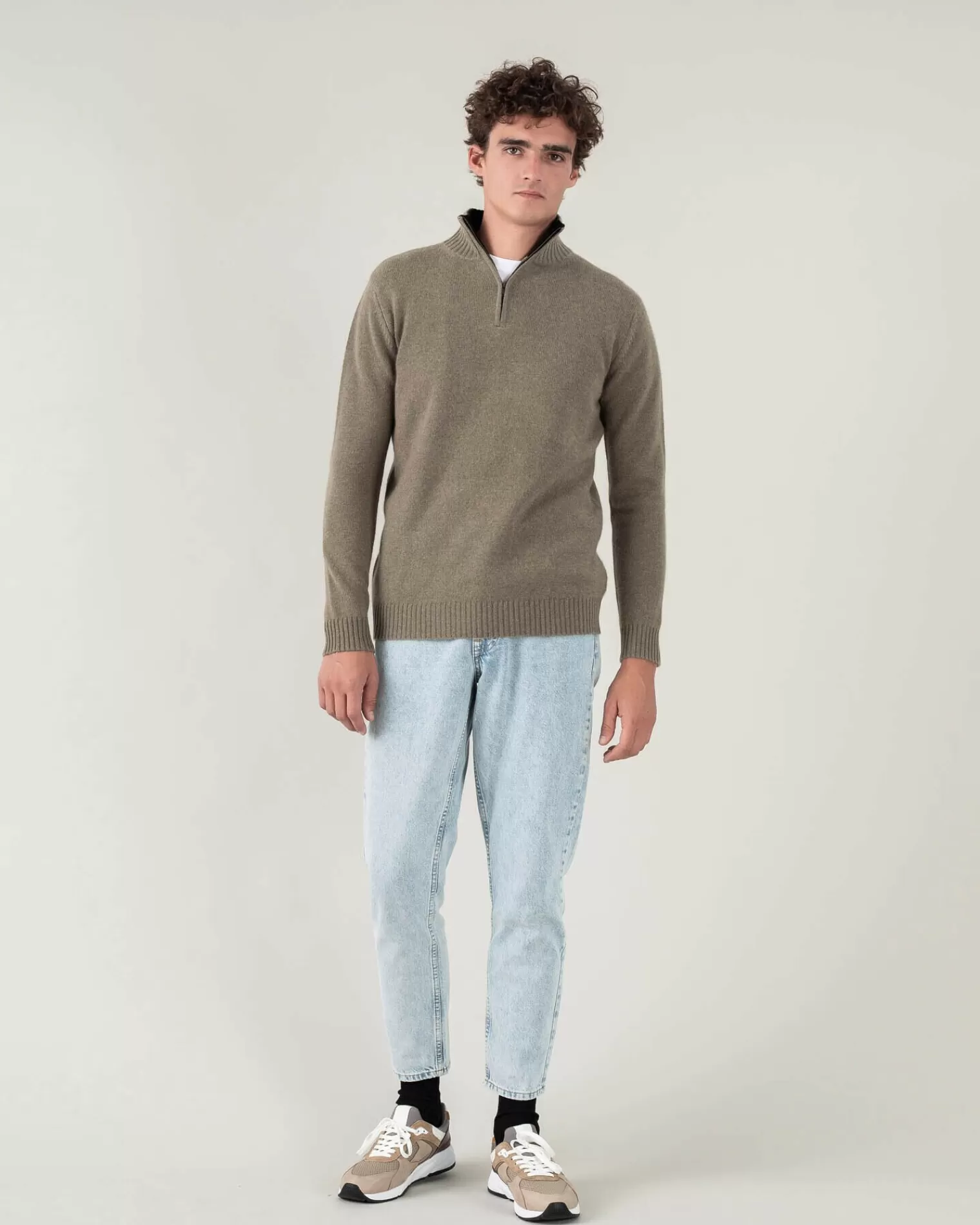 Kujten Sweaters & Sweatshirts>Man Plain Truck Collar Cashmere Sweater, 4-Threads Kaki Chine