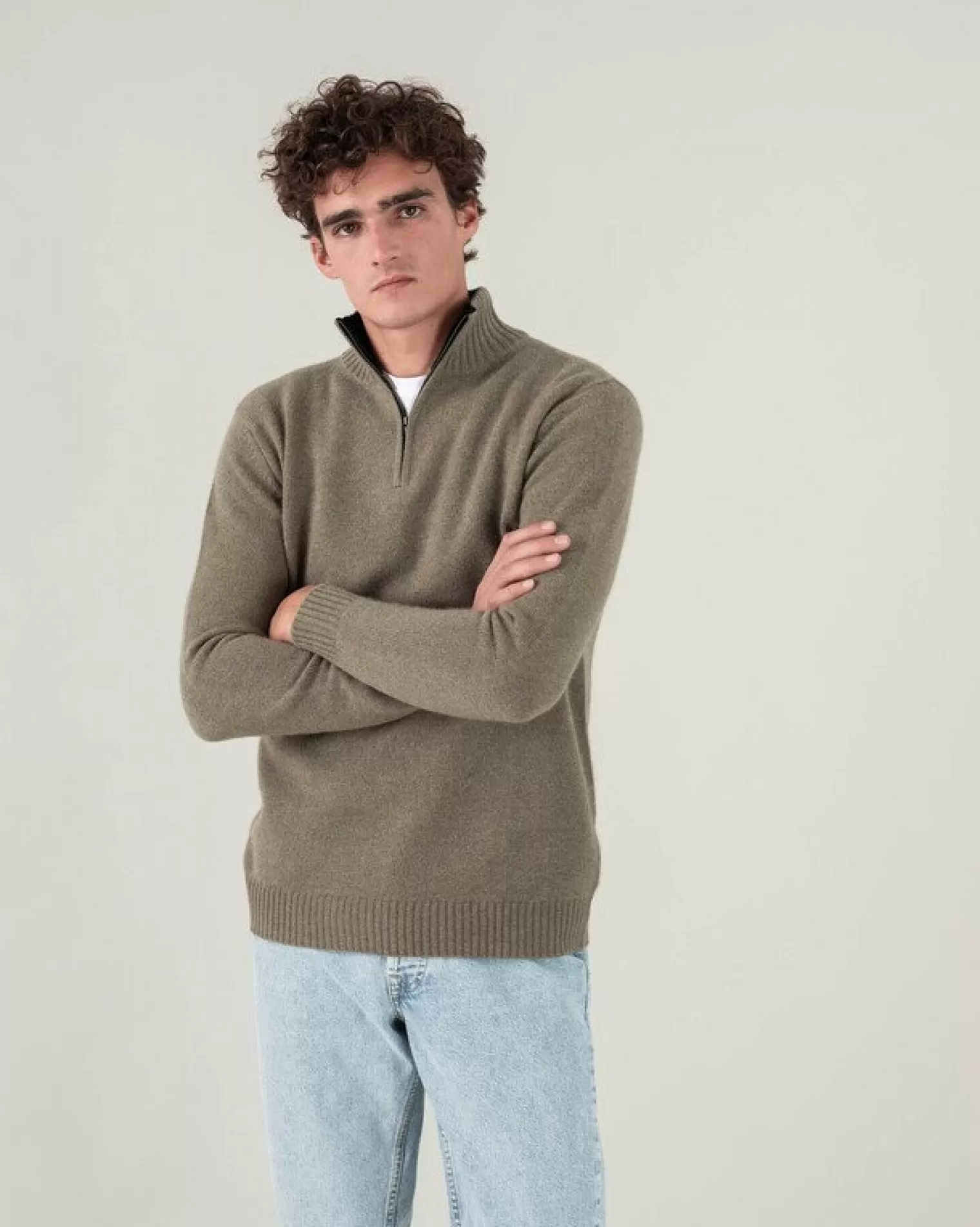 Kujten Sweaters & Sweatshirts>Man Plain Truck Collar Cashmere Sweater, 4-Threads Kaki Chine