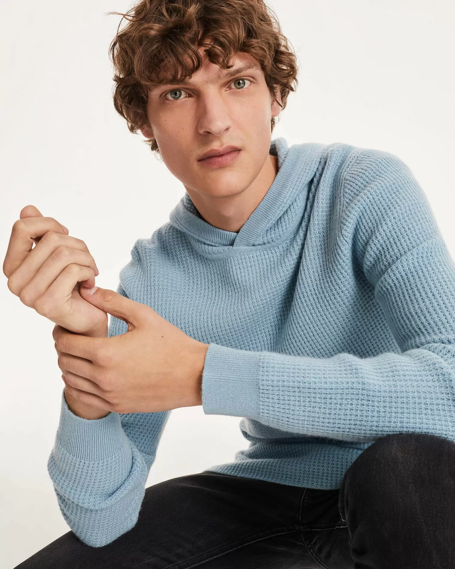 Kujten Sweaters & Sweatshirts>Men Cashmere Hoodie Blue Ice