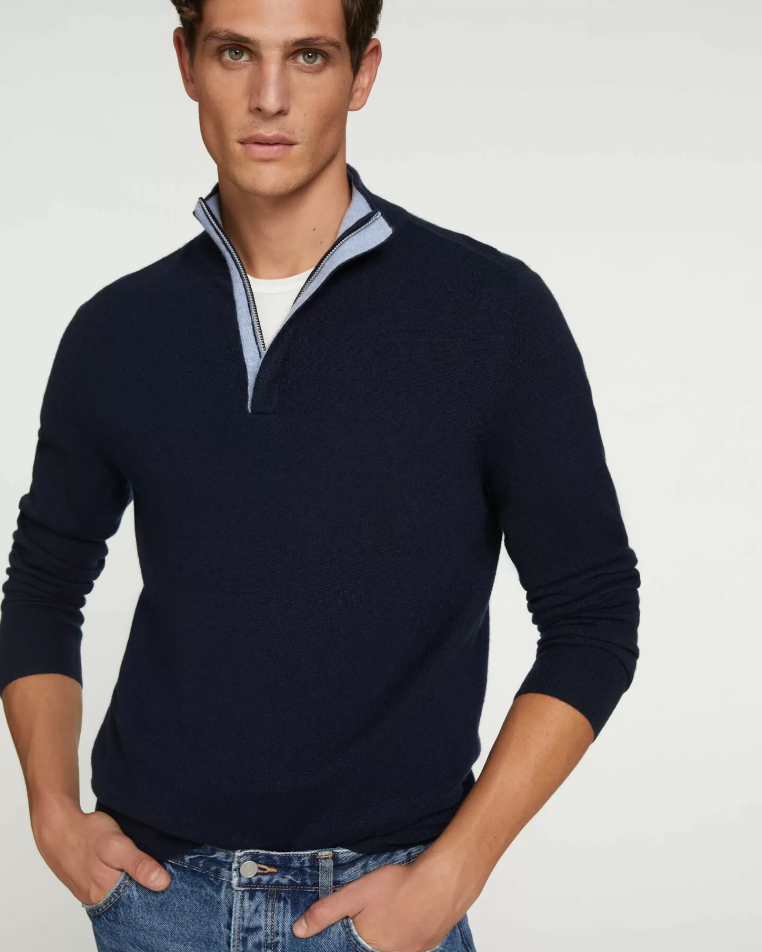 Kujten Sweaters & Sweatshirts>Men Cashmere Sweater, 2-Threads Bleu Marine Fonce