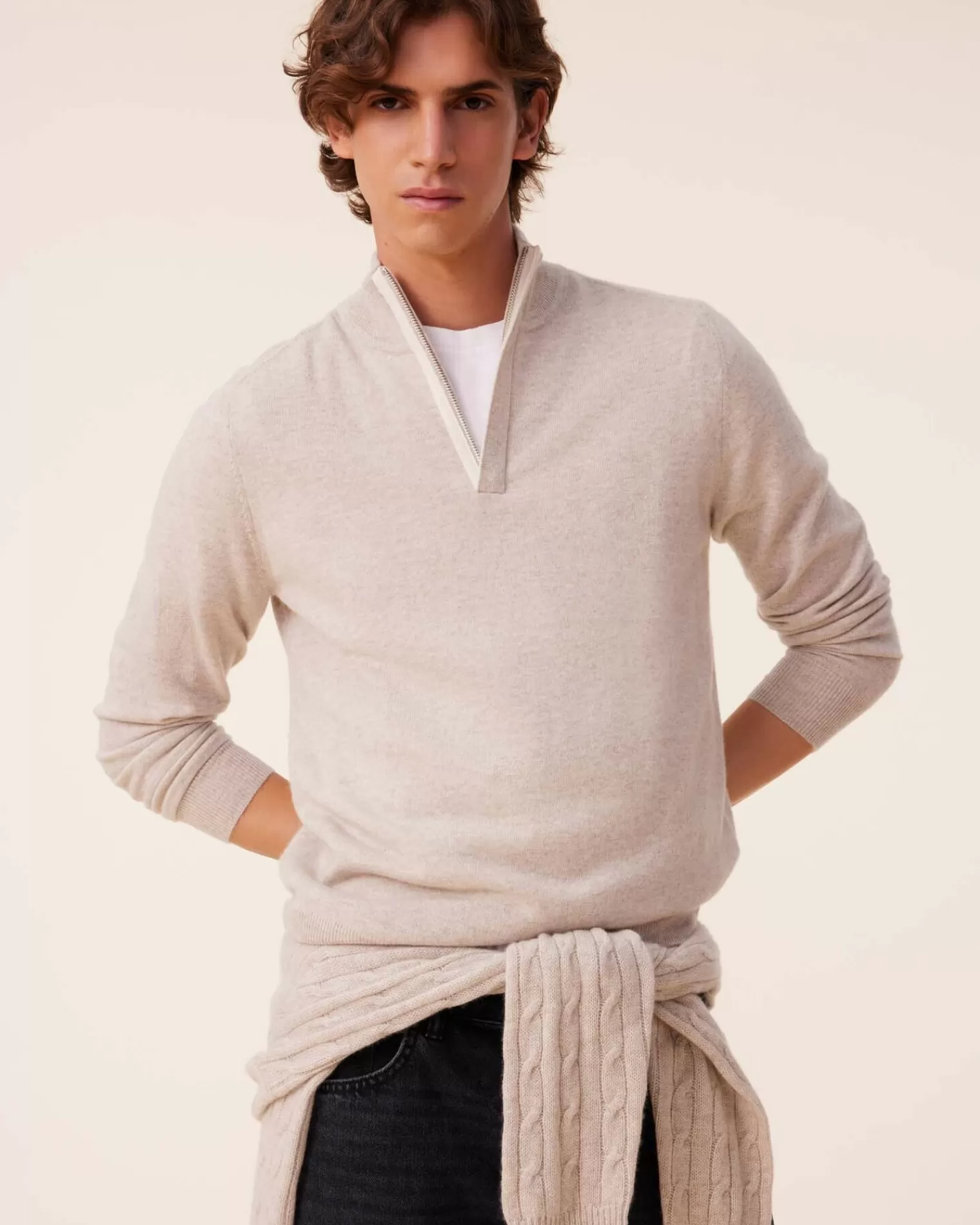 Kujten Sweaters & Sweatshirts>Men Cashmere Sweater, 2-Threads Avoine