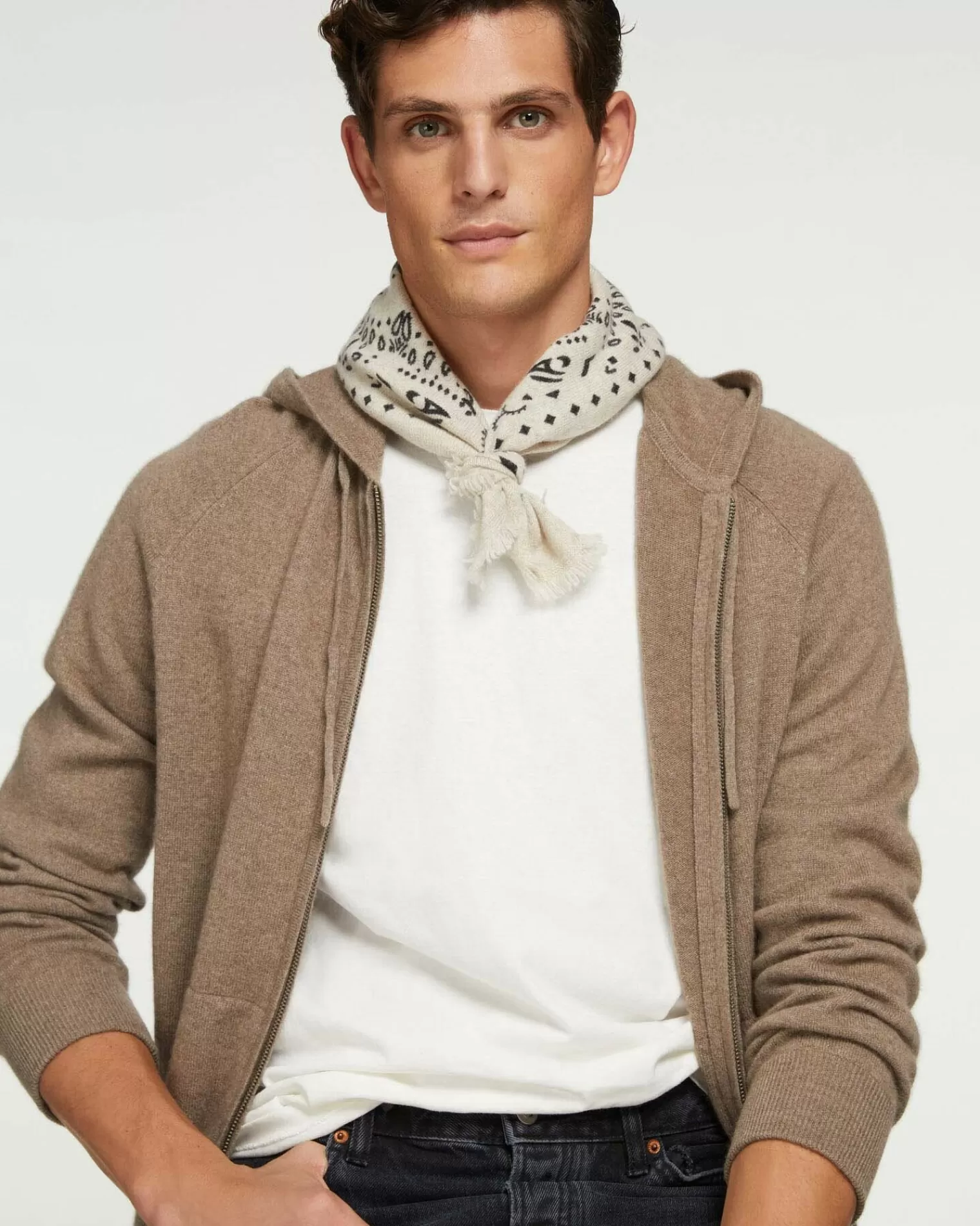 Kujten Hoodies>Men Cashmere Vest With Zipped Hood, 2-Threads Beige Taupe