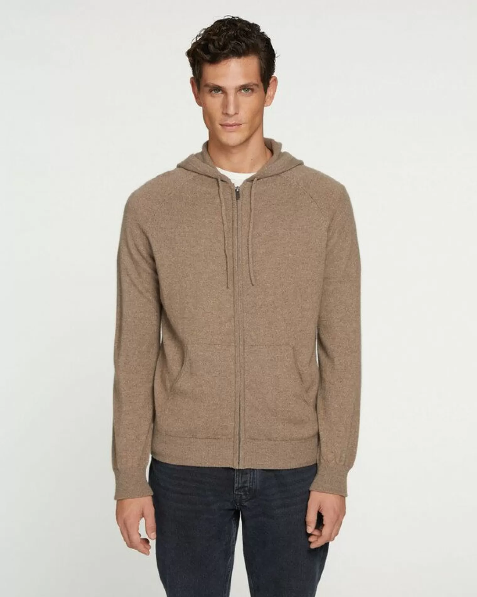 Kujten Hoodies>Men Cashmere Vest With Zipped Hood, 2-Threads Beige Taupe