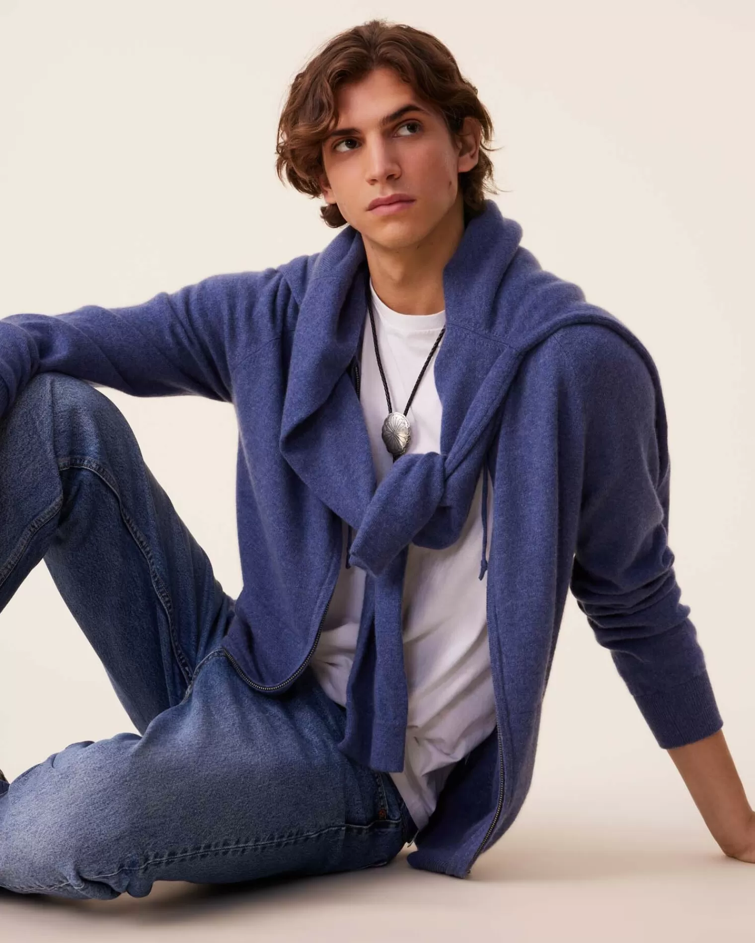 Kujten Hoodies>Men Cashmere Zip Hoodie, 2-Threads Bleu Denim